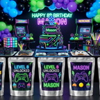 Personalized video game birthday juice pouch labels featuring gaming controllers neon arcade colors Level Up birthday party favors and custom name design.