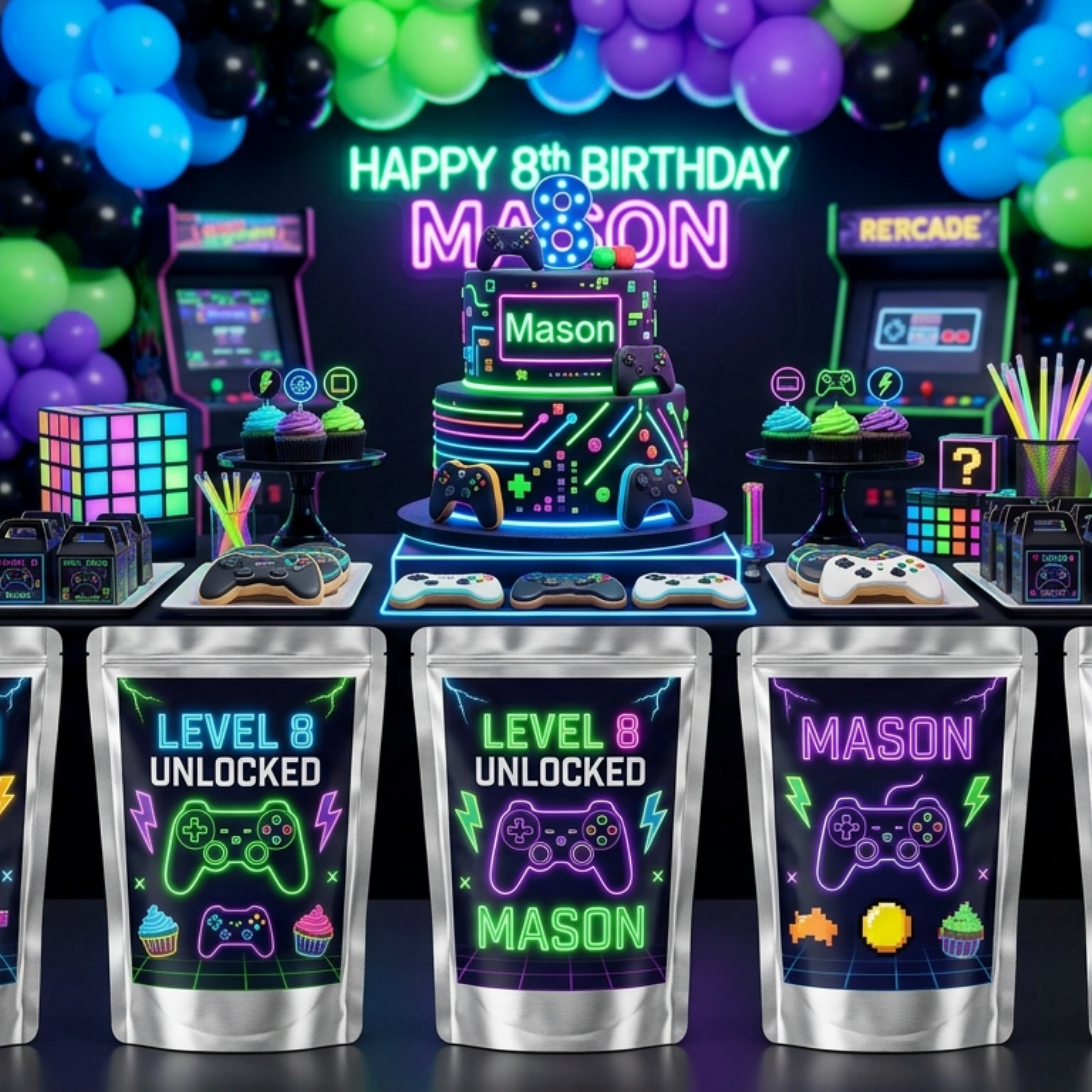 Personalized video game birthday juice pouch labels featuring gaming controllers neon arcade colors Level Up birthday party favors and custom name design.