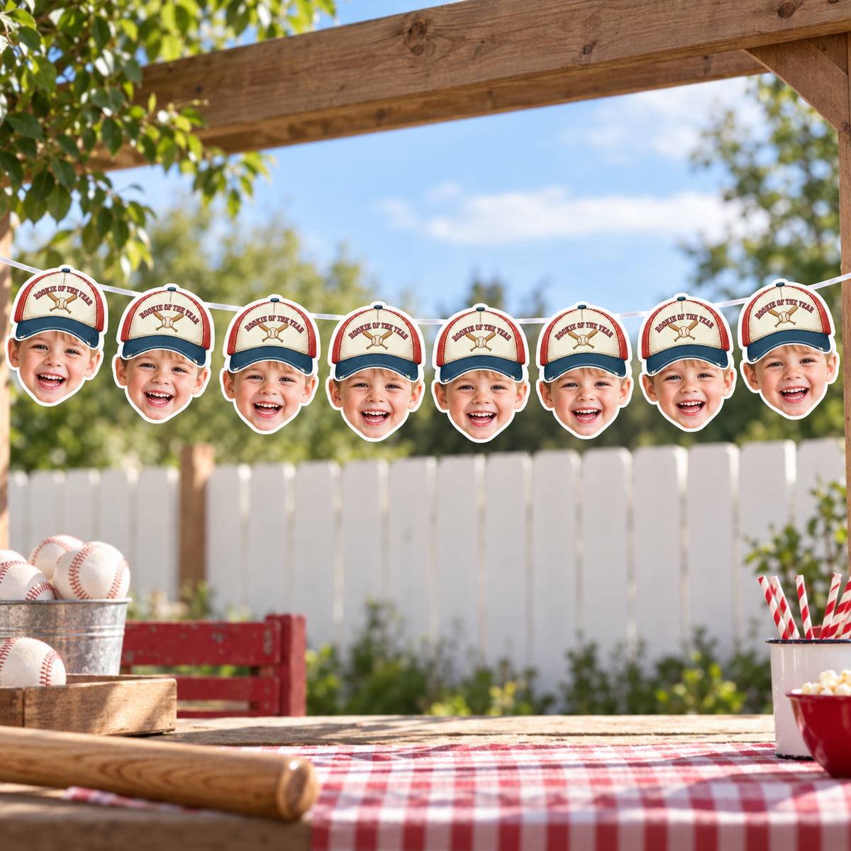 Personalized vintage Rookie of the Year baseball photo banner displayed above a baseball dessert table with cake cupcakes cookies balloons and red white and navy party decor