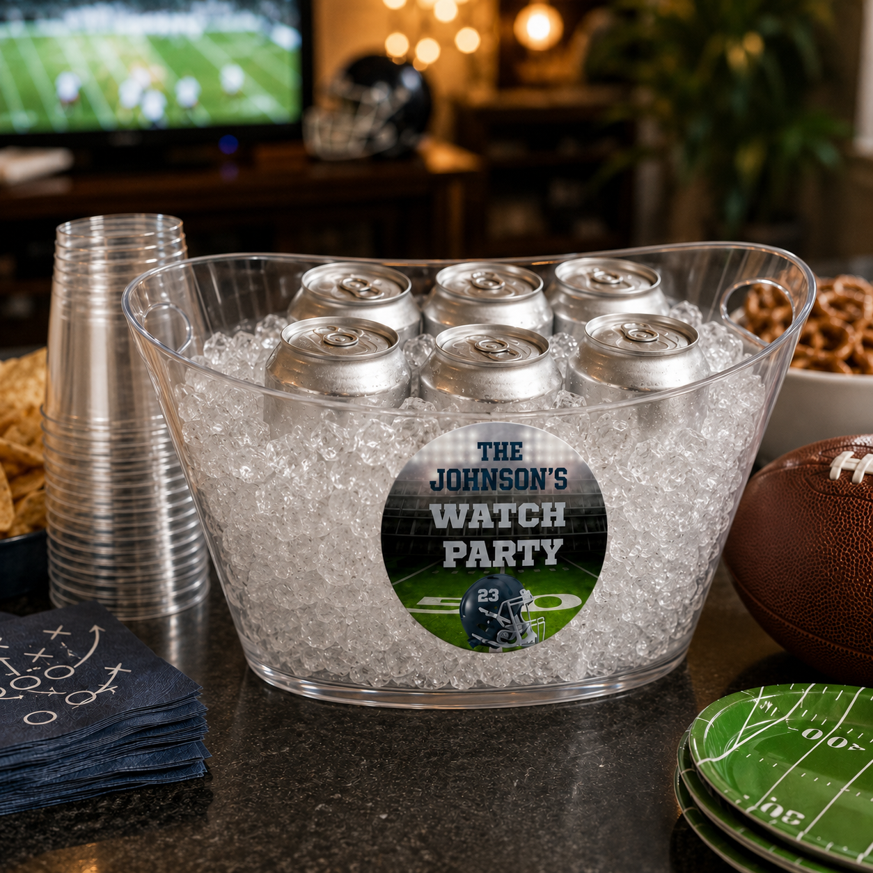 A clear plastic six-can cooler filled with ice on a bar counter, holding six silver beer cans. The cooler has a custom round sticker that reads 'THE JOHNSON'S WATCH PARTY' with a football helmet and field graphic.
