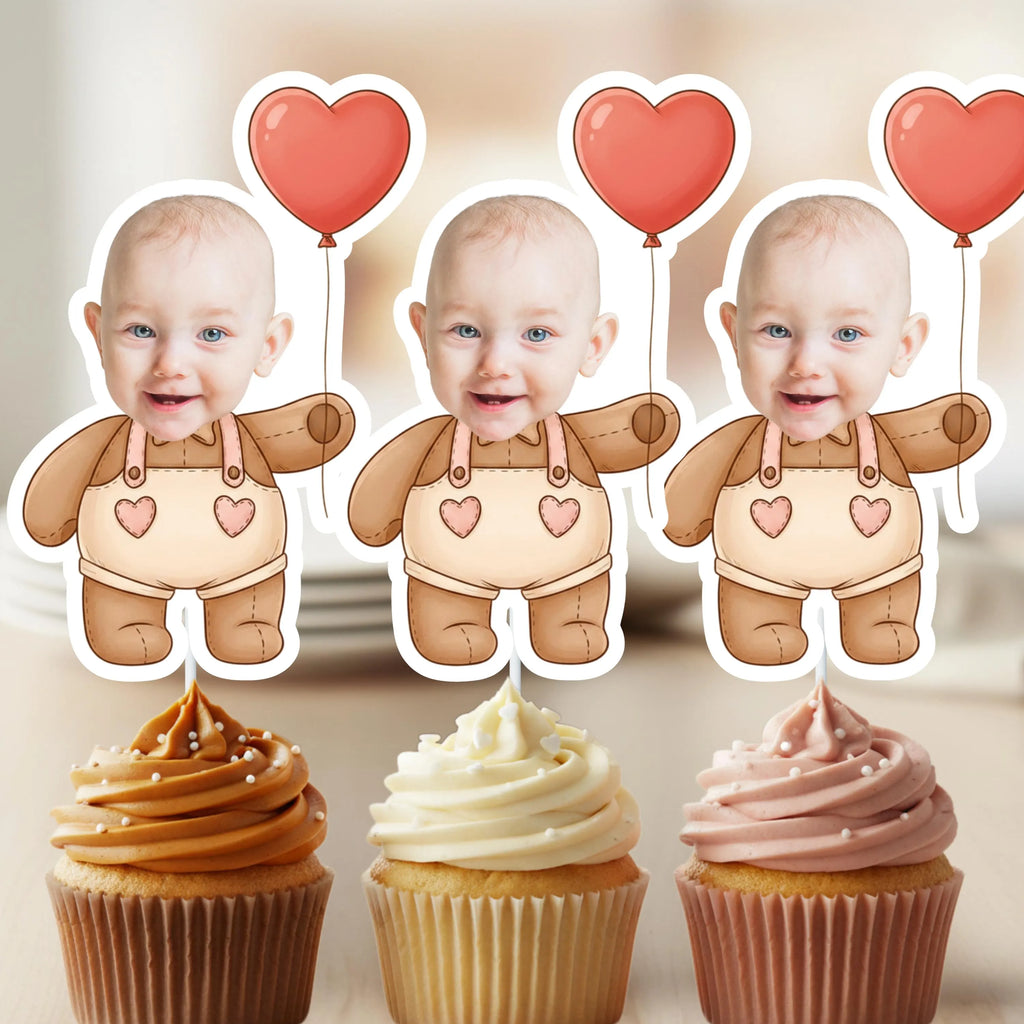 Three identical baby figures with heart balloons above cupcakes on a neutral background