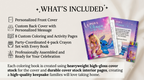 Overview of everything included with Sweet Tee Artistry personalized birthday coloring books, including custom covers, personalized back cover, eight coloring and activity pages, and a coordinated 4-pack crayon set.
