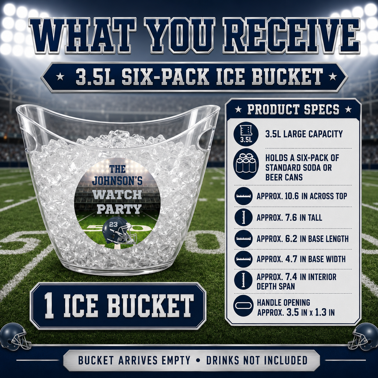 A promotional graphic for a 3.5L six-pack ice bucket on a football field background.