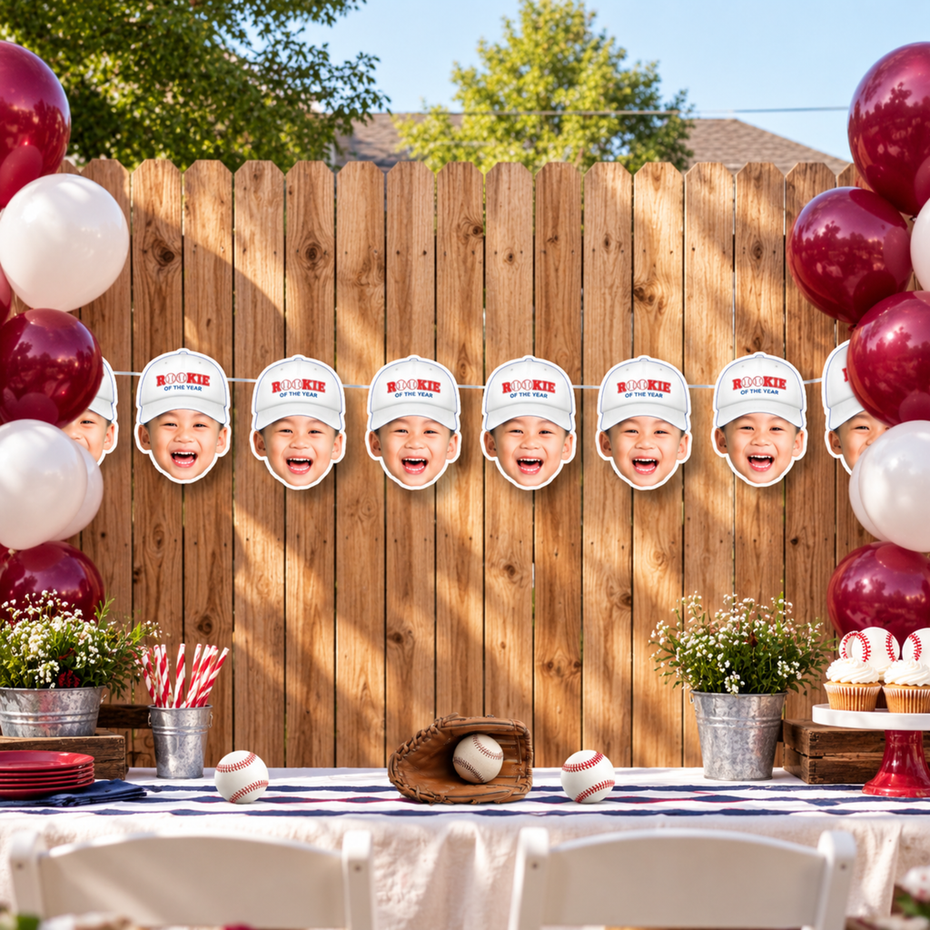 White Rookie of the Year personalized face banner displayed at an outdoor baseball birthday party with red white balloons and baseball party decorations
