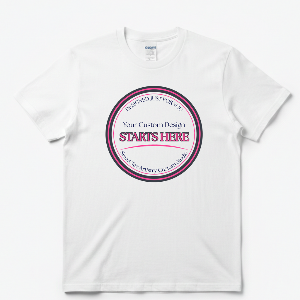 This clean front-view mockup displays a centered custom graphic on a white Gildan-style unisex t-shirt, ideal for personalized birthday shirts, graduation shirts, and small batch custom apparel. The full front design option works well for photo shirts, branded merchandise, and everyday original artwork prints.