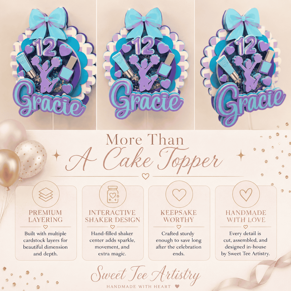 Custom handmade 3D shaker cake topper with layered cardstock, glitter details, personalized name and age, premium birthday cake decoration by Sweet Tee Artistry featuring luxury handcrafted design and keepsake quality.