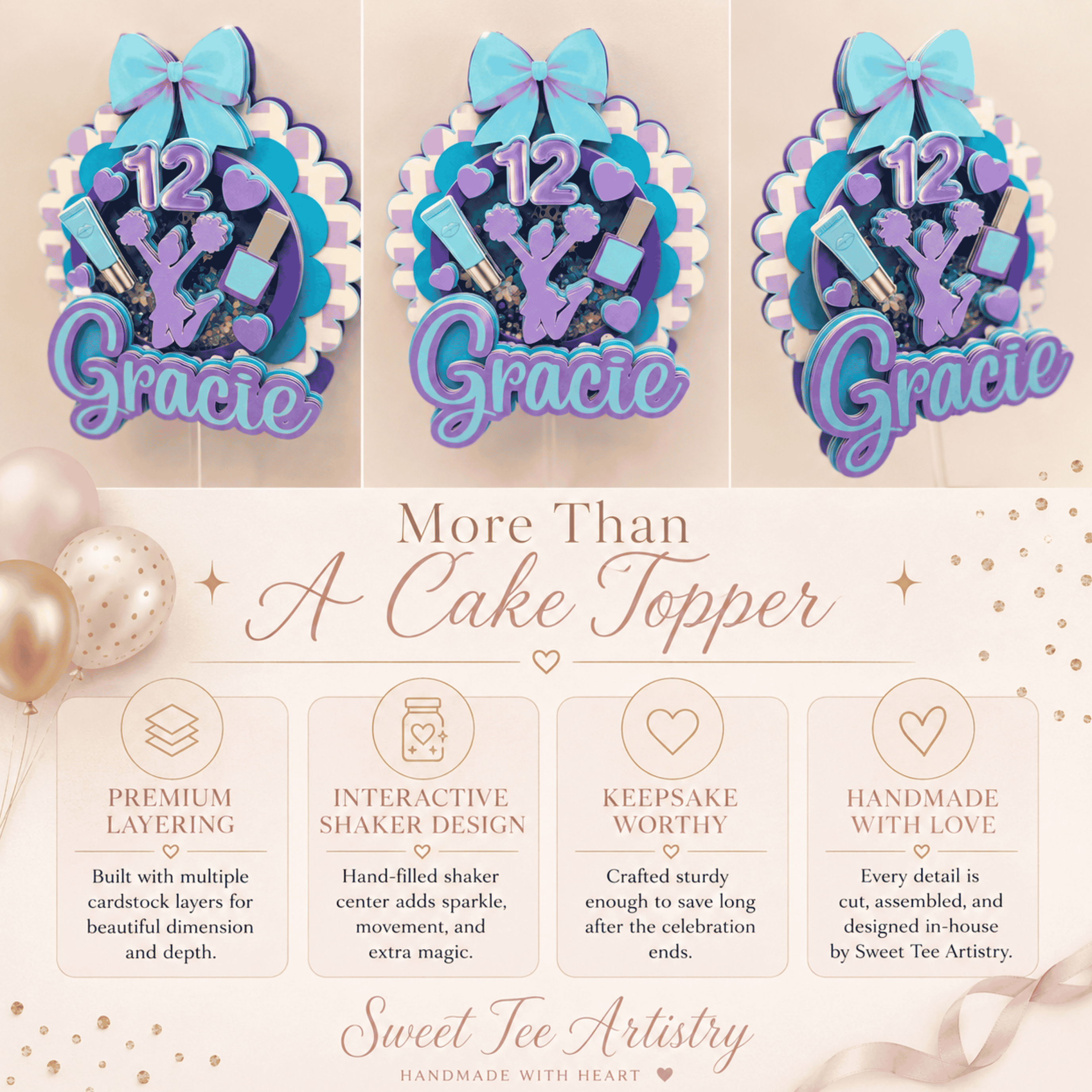 Custom handmade 3D shaker cake topper with layered cardstock, glitter details, personalized name and age, premium birthday cake decoration by Sweet Tee Artistry featuring luxury handcrafted design and keepsake quality.