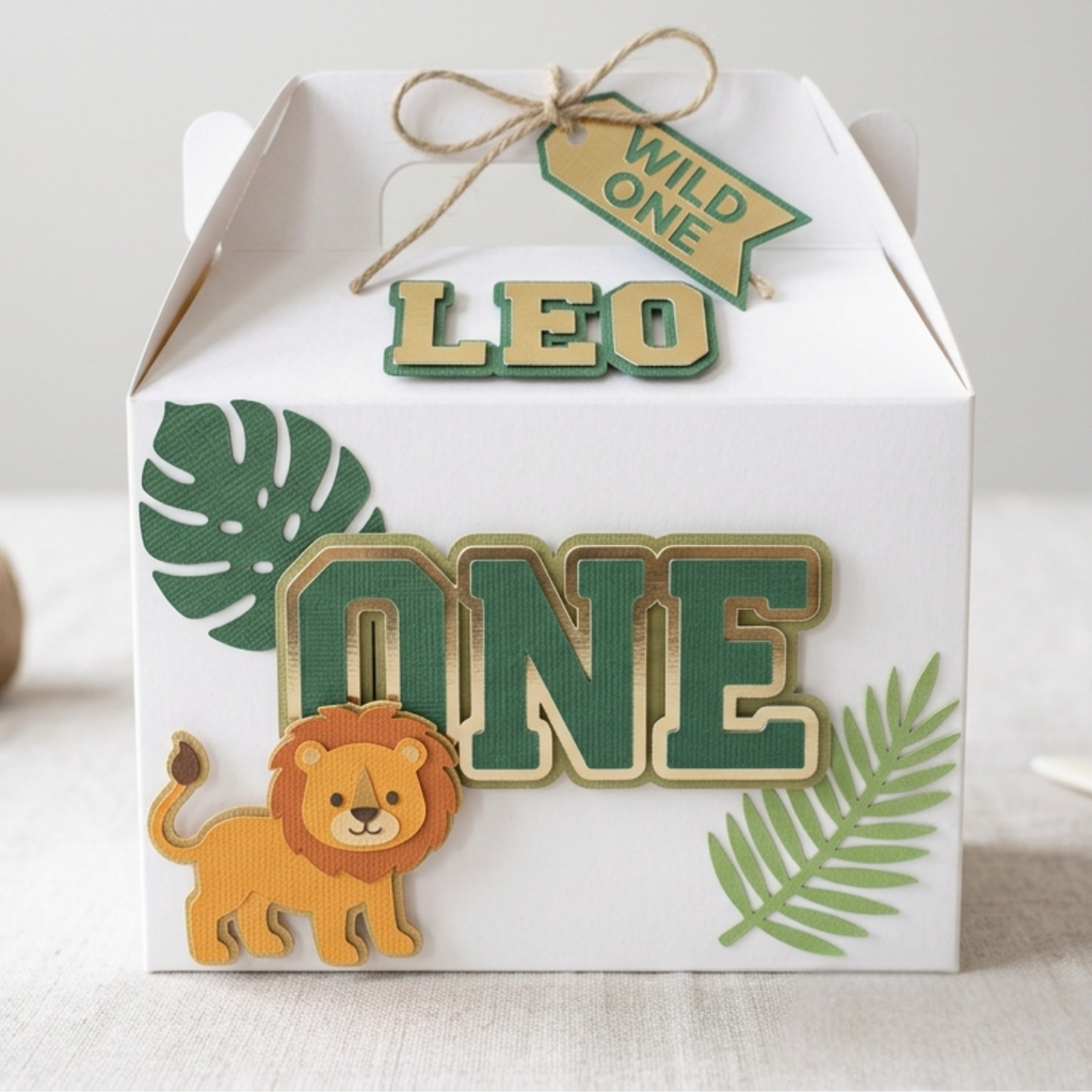Custom Wild One safari birthday party favor box featuring layered cardstock lion design, jungle leaf embellishments, raised number one centerpiece, and handmade safari themed first birthday packaging.