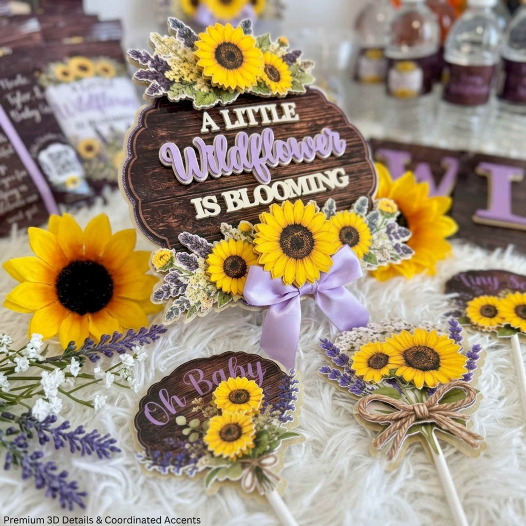 Premium layered baby shower cake topper with matching cupcake toppers featuring sunflower floral arrangement lavender accents rustic wood grain background dimensional handmade custom baby shower decorations