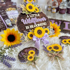 Premium layered baby shower cake topper with matching cupcake toppers featuring sunflower floral arrangement lavender accents rustic wood grain background dimensional handmade custom baby shower decorations