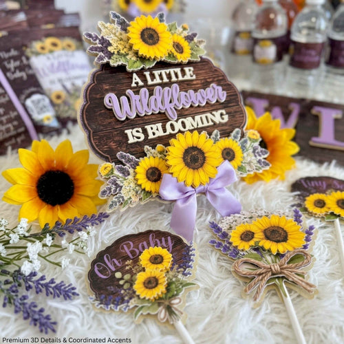 Premium layered baby shower cake topper with matching cupcake toppers featuring sunflower floral arrangement lavender accents rustic wood grain background dimensional handmade custom baby shower decorations