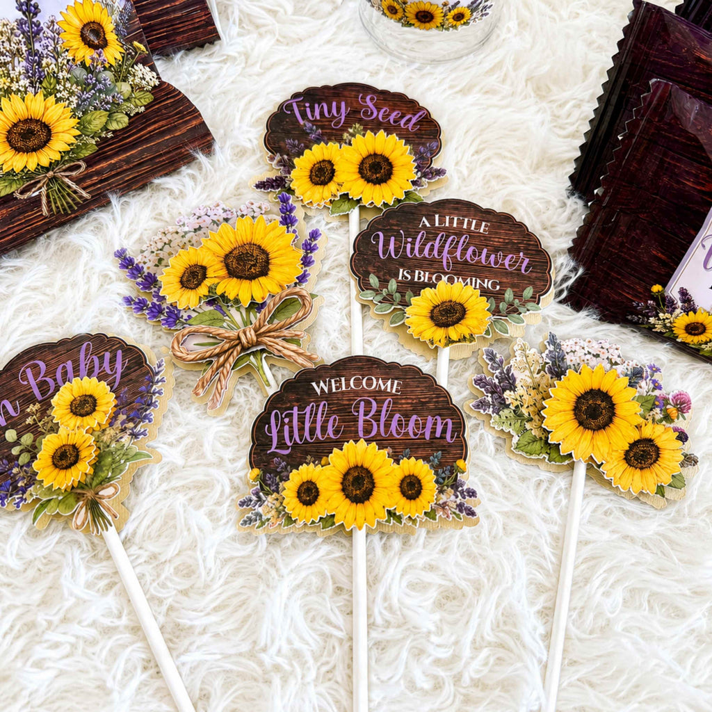 Premium handmade 3D layered cupcake toppers featuring sunflower floral arrangement lavender accents rustic wood grain design dimensional baby shower cupcake decorations custom wildflower themed dessert toppers for baby shower celebration