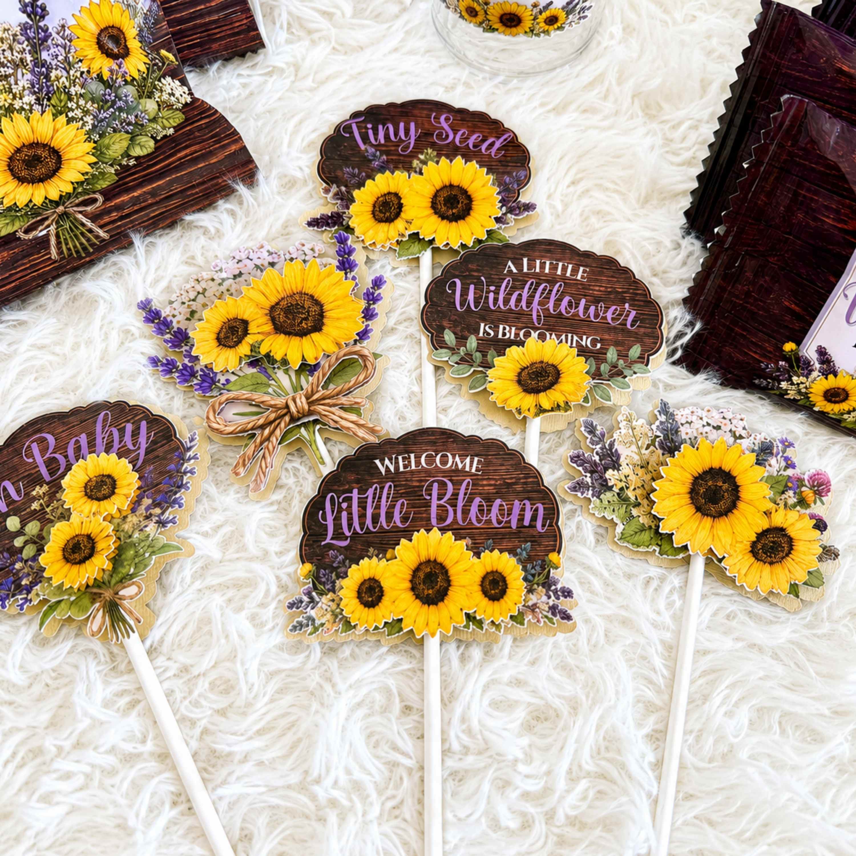 Premium handmade 3D layered cupcake toppers featuring sunflower floral arrangement lavender accents rustic wood grain design dimensional baby shower cupcake decorations custom wildflower themed dessert toppers for baby shower celebration