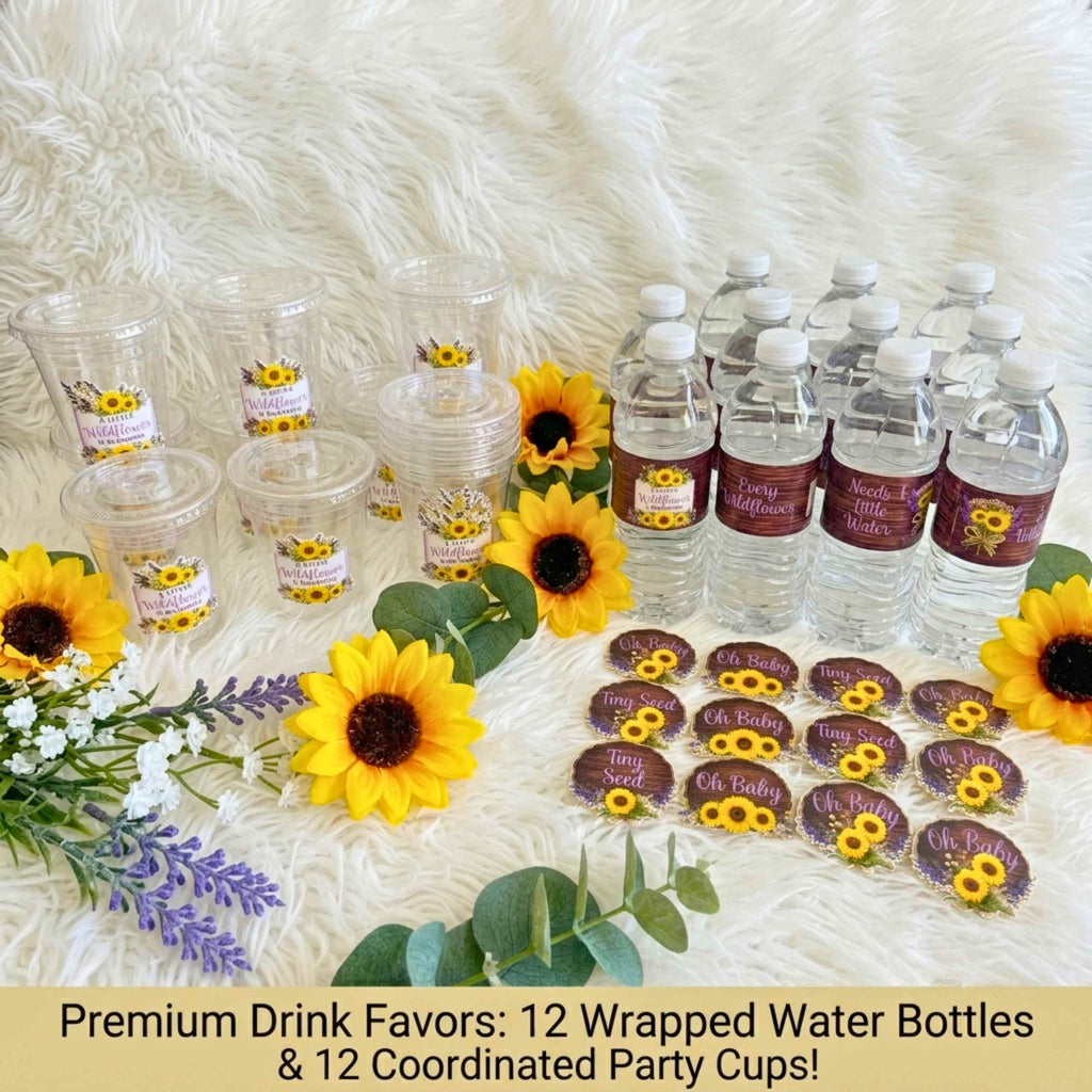 Coordinated baby shower drink favors featuring custom party cups personalized water bottle labels sunflower wildflower floral design rustic wood grain baby shower table decorations gender neutral baby shower supplies