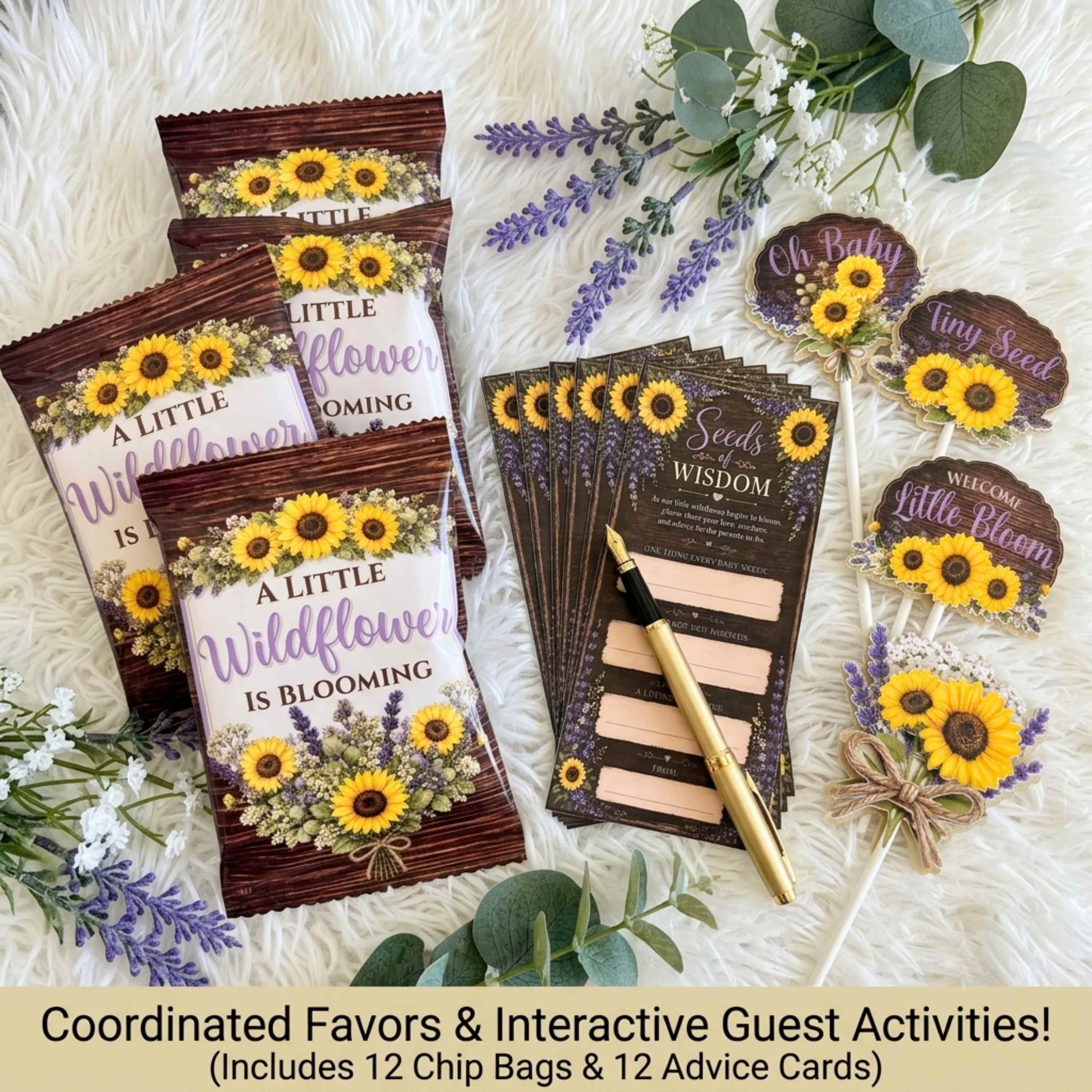 Matching baby shower party favors including sunflower themed chip bags cupcake toppers seeds of wisdom advice cards rustic wood grain floral baby shower decorations coordinated gender neutral baby shower favors
