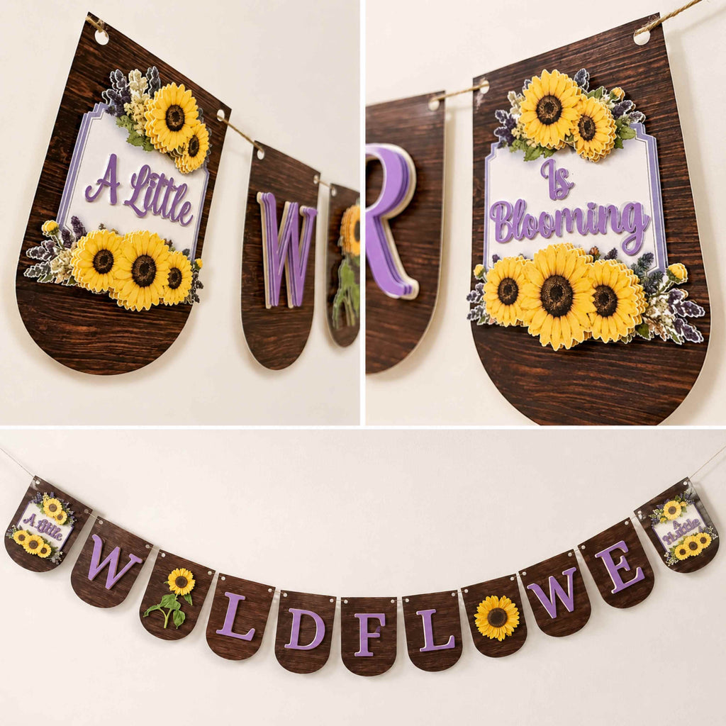 Personalized baby shower pennant banner featuring wildflower sunflower and lavender floral design rustic wood grain style custom baby shower hanging banner decoration for gender neutral baby shower event styling