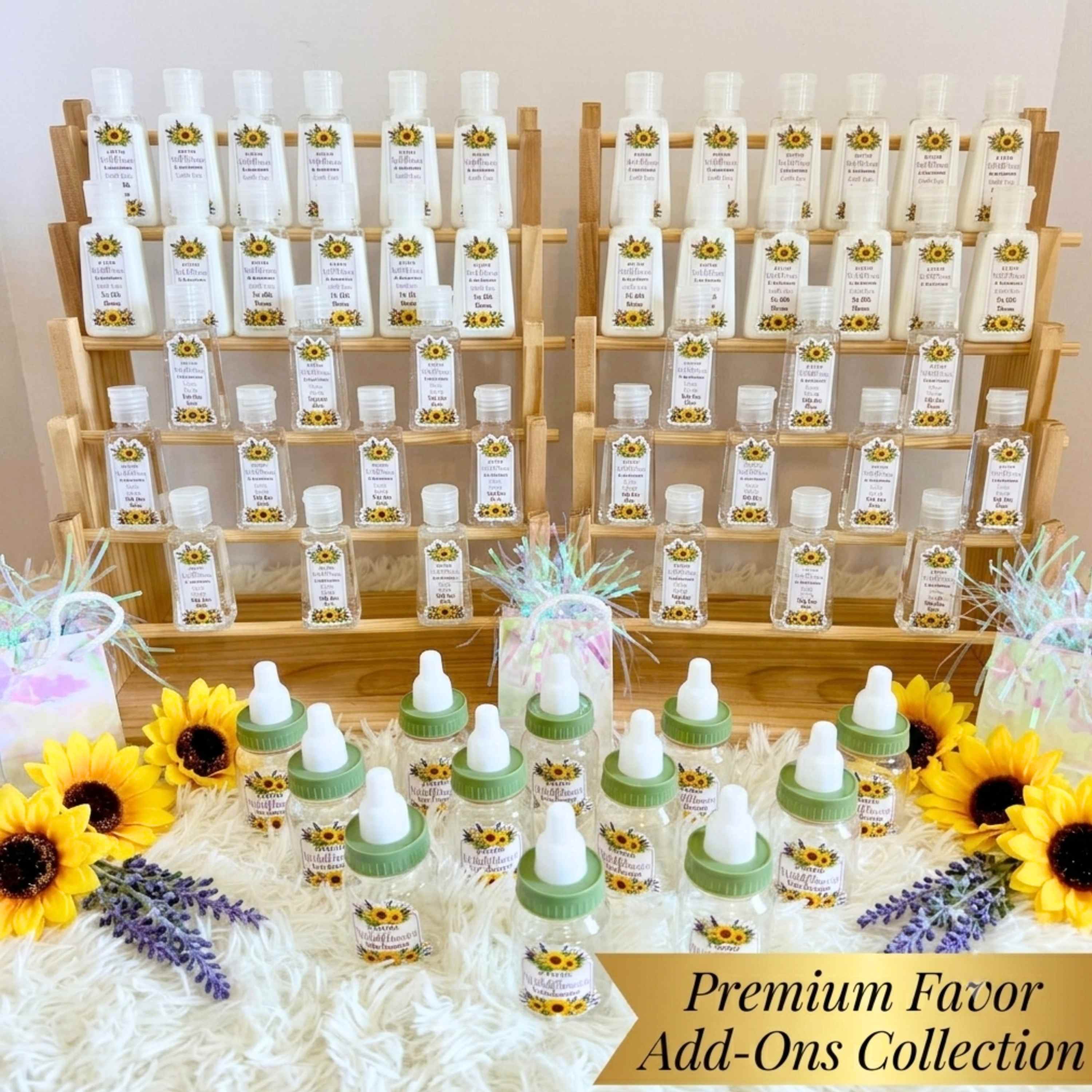 Premium baby shower party favor add ons featuring sunflower wildflower themed mini favor bottles custom labels luxury coordinated baby shower favors rustic floral woodland inspired event decorations