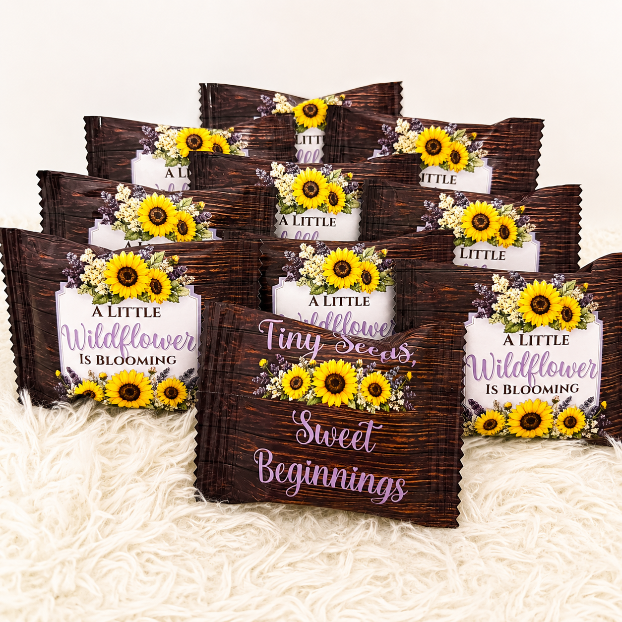 Personalized Wildflower Rice Krispie Treat wrappers featuring sunflowers, rustic wood textures, and floral details, perfect for baby showers, garden parties, and rustic celebrations.