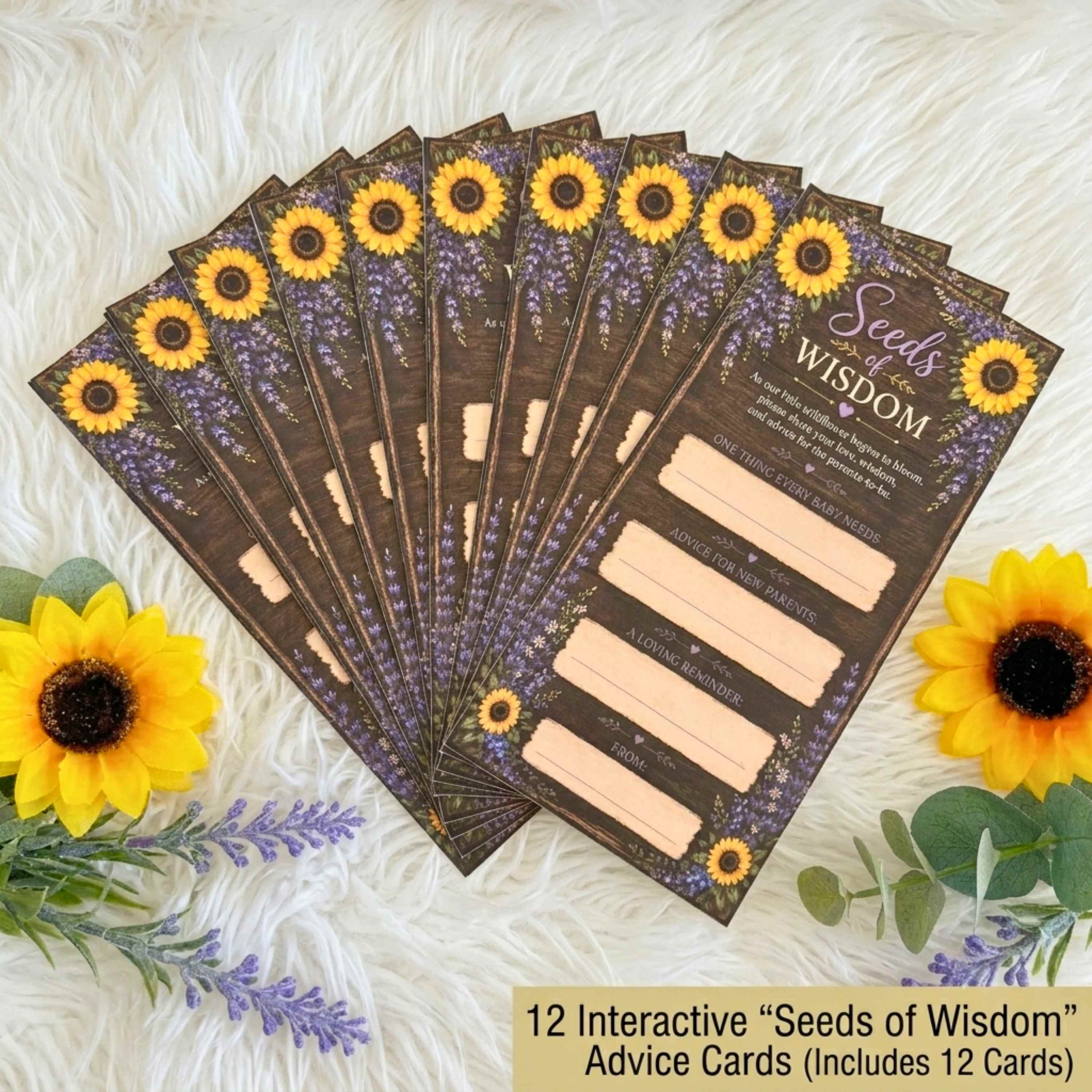 Baby shower advice cards featuring wildflower sunflower and lavender floral design interactive guest activity cards rustic wood grain theme keepsake baby shower game for parents to be celebration