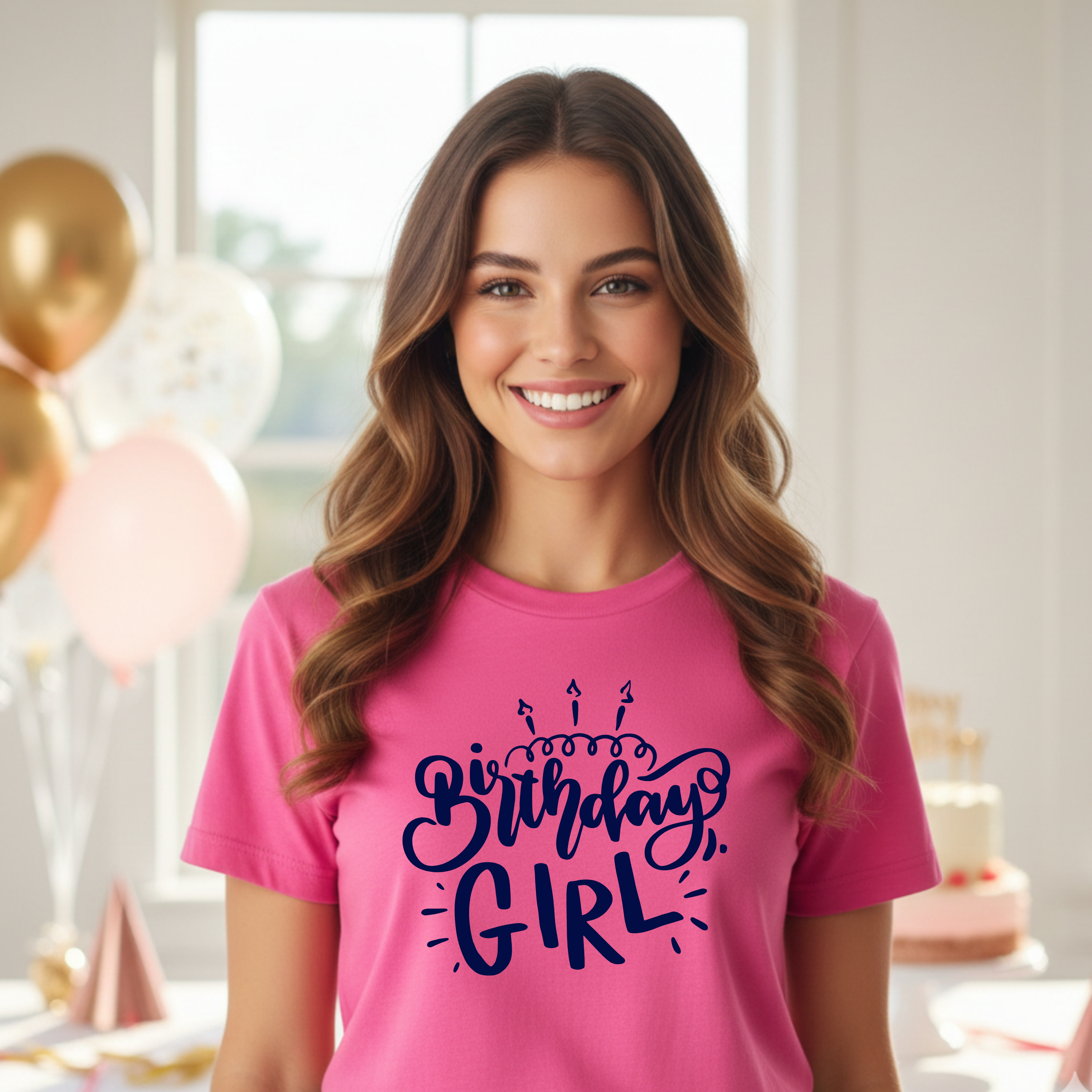 This lifestyle image features a vibrant pink birthday girl shirt styled at a party setting with balloons and cake decor. Ideal for milestone birthdays, themed party outfits, and coordinated birthday crew shirts, custom celebration tees create memorable photo moments and polished event looks.