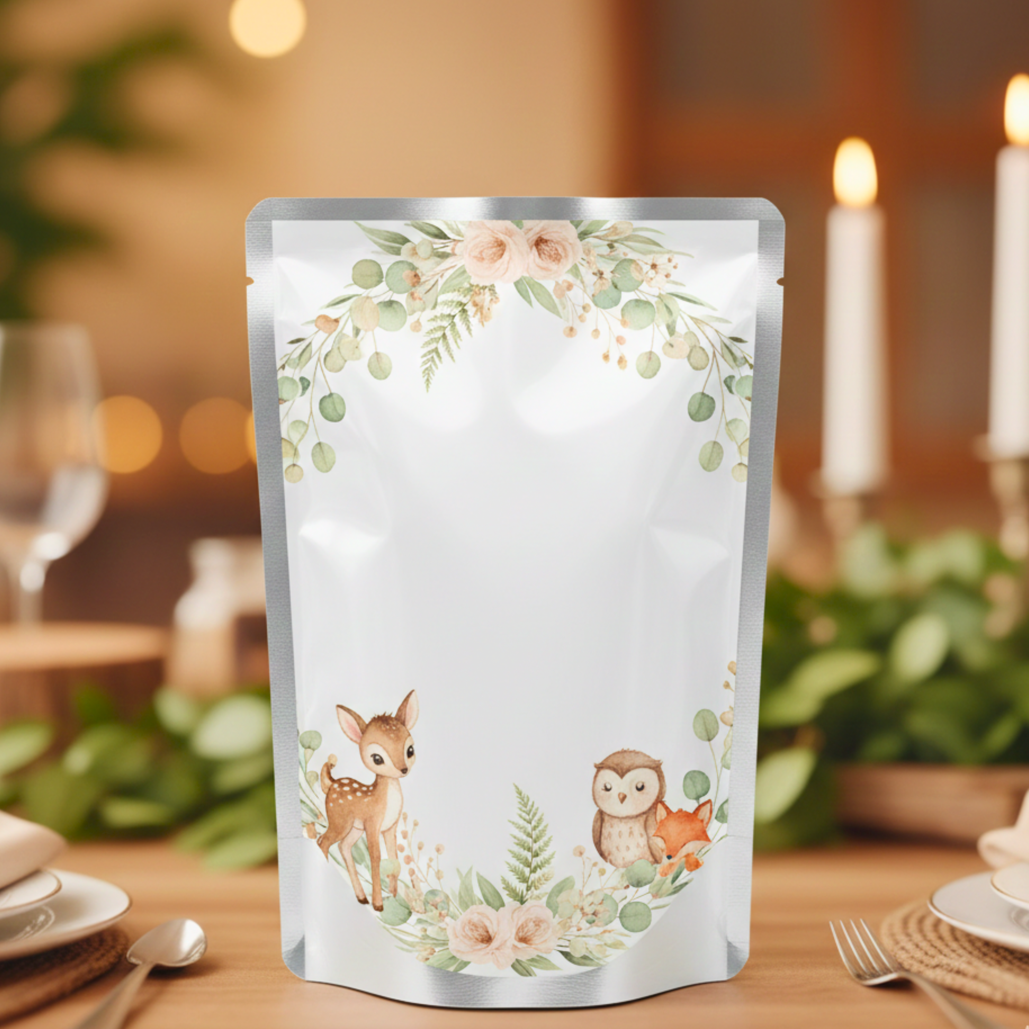 Silver pouch with a nature-themed design featuring a deer and owl on a wooden table.