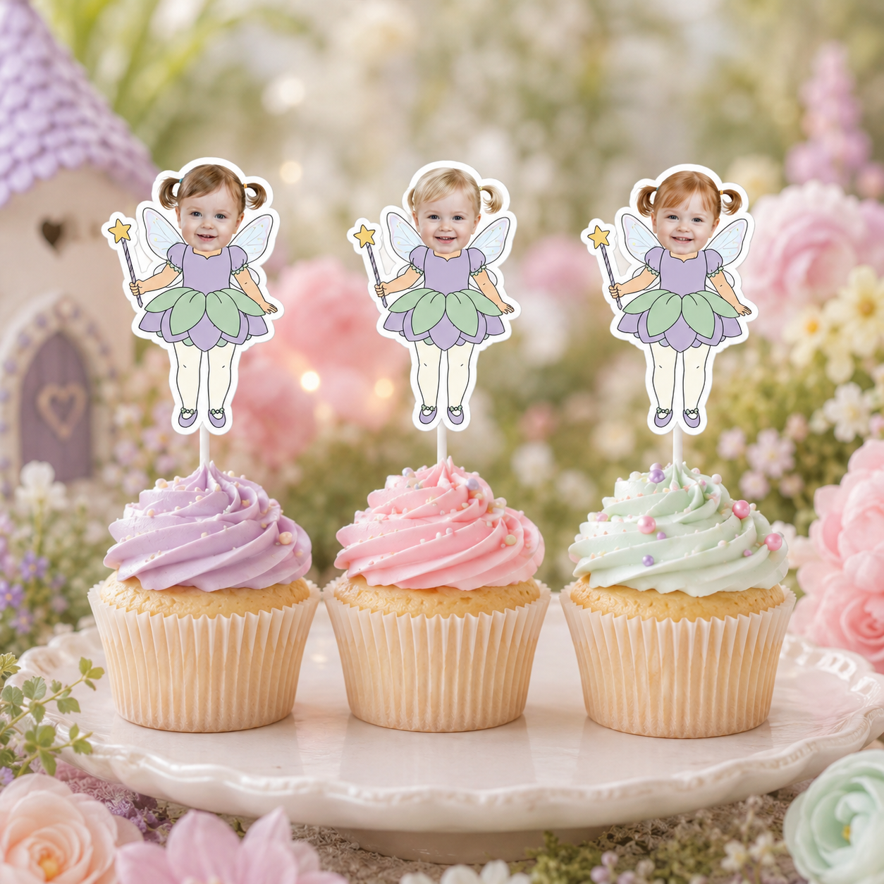 Three personalized fairy photo cupcake toppers featuring different smiling children in lavender and green flower petal dresses with wings and star wands displayed on pastel cupcakes for an enchanted garden fairy birthday celebration