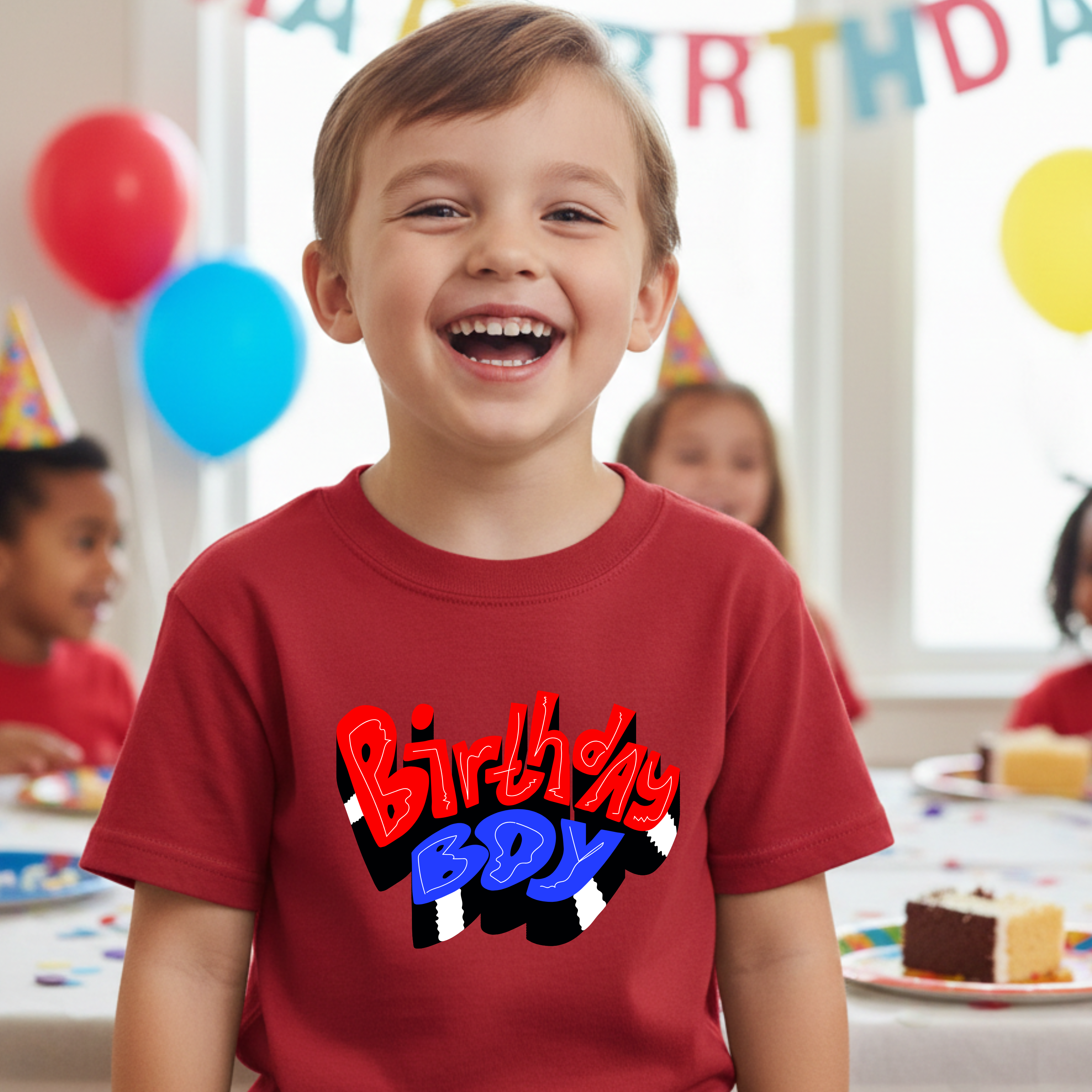 This lifestyle image features a custom birthday boy shirt styled at a festive party setting with balloons and dessert table decor. Ideal for first birthdays, milestone celebrations, and themed kids party outfits, personalized birthday shirts add excitement and create keepsake memories for special occasions.