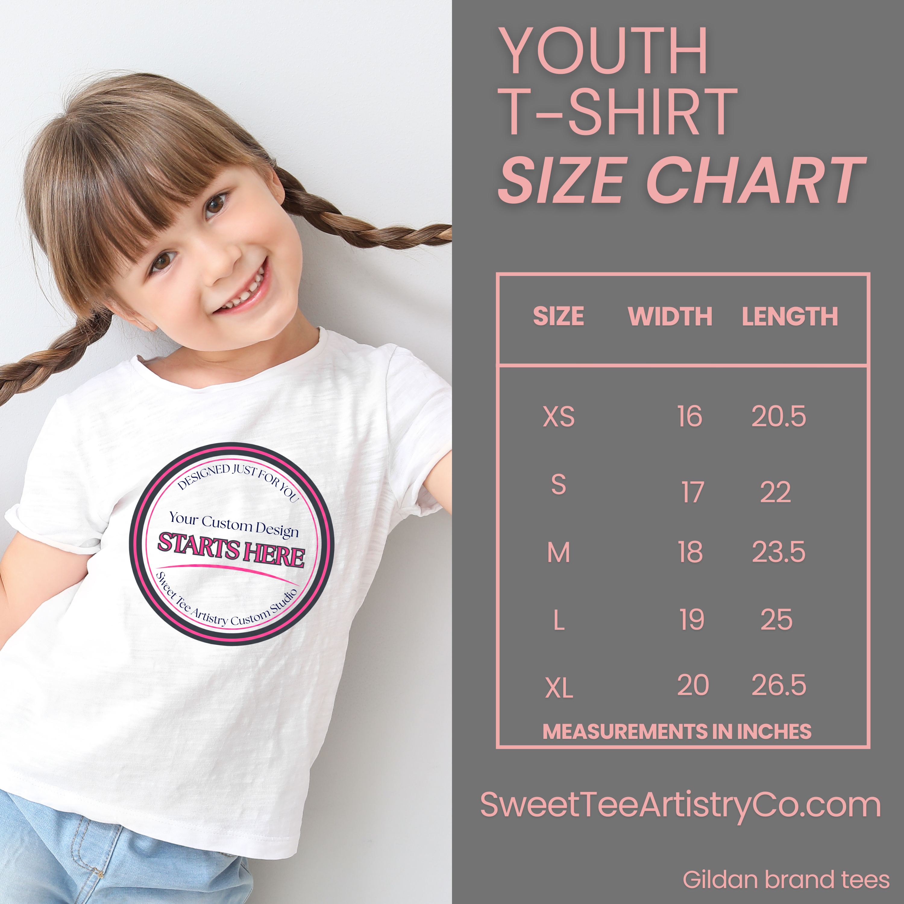 This youth Gildan 5000 t-shirt size chart includes width and length measurements in inches to ensure the proper fit for custom party shirts and personalized event tees. Ideal for children’s birthday shirts, graduation apparel, school events, and family celebrations, these measurements help prevent sizing errors before printing. Always compare measurements for the most accurate fit when ordering custom youth t-shirts.