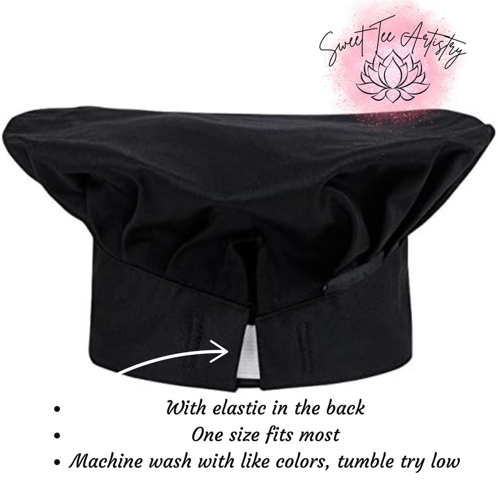 Black chef's hat with text about features and care instructions on a white background