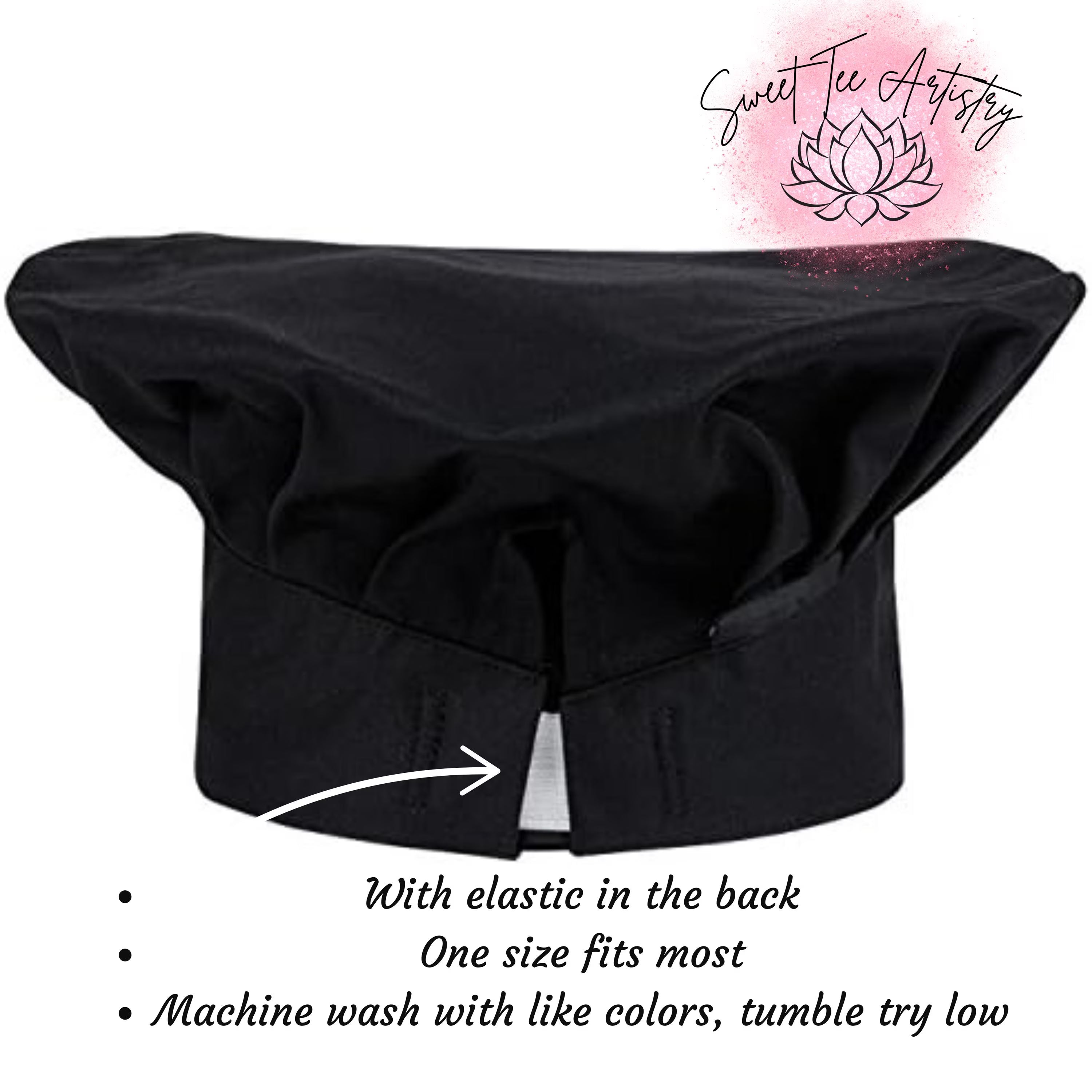Black chef's hat with text about features and care instructions on a white background