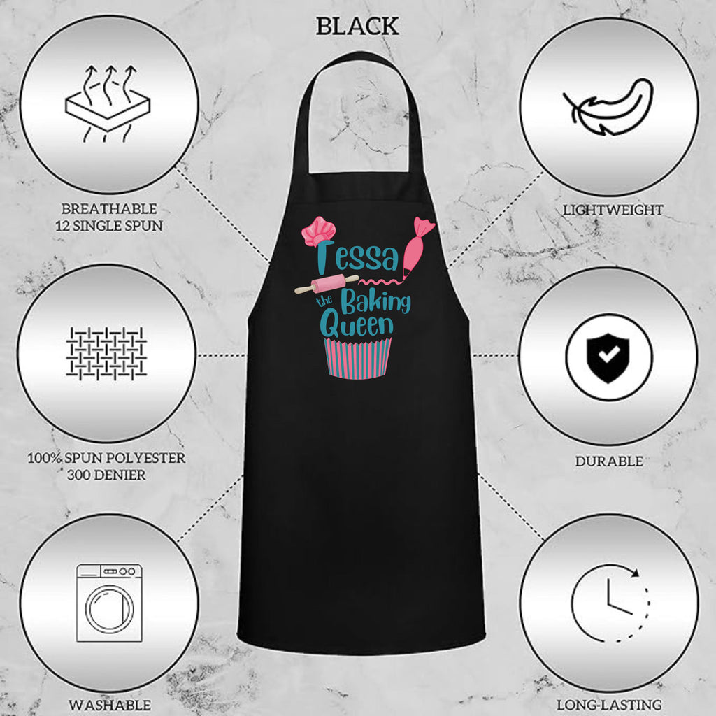 Black apron with 'Tessa the Baking Queen' text and graphics on a gray background with feature icons.