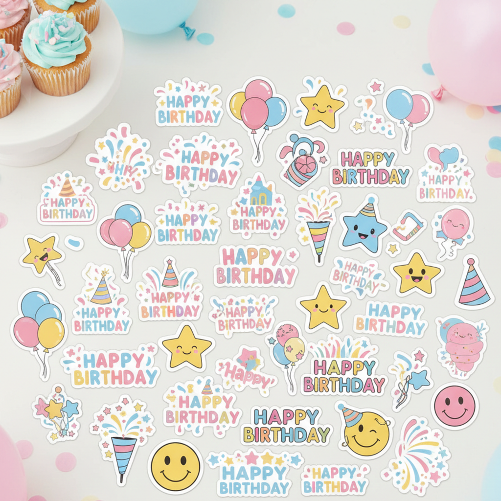 Assorted happy birthday sticker bundle featuring pastel balloons, party hats, stars, smiley faces, confetti, and cake designs. This colorful birthday sticker set is perfect for kids birthday party favors, treat bags, cupcake toppers, classroom celebrations, and bulk birthday decor.