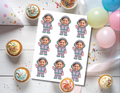 Printable sheet of personalized astronaut photo cupcake toppers featuring a smiling child in a purple, pink, and teal spacesuit