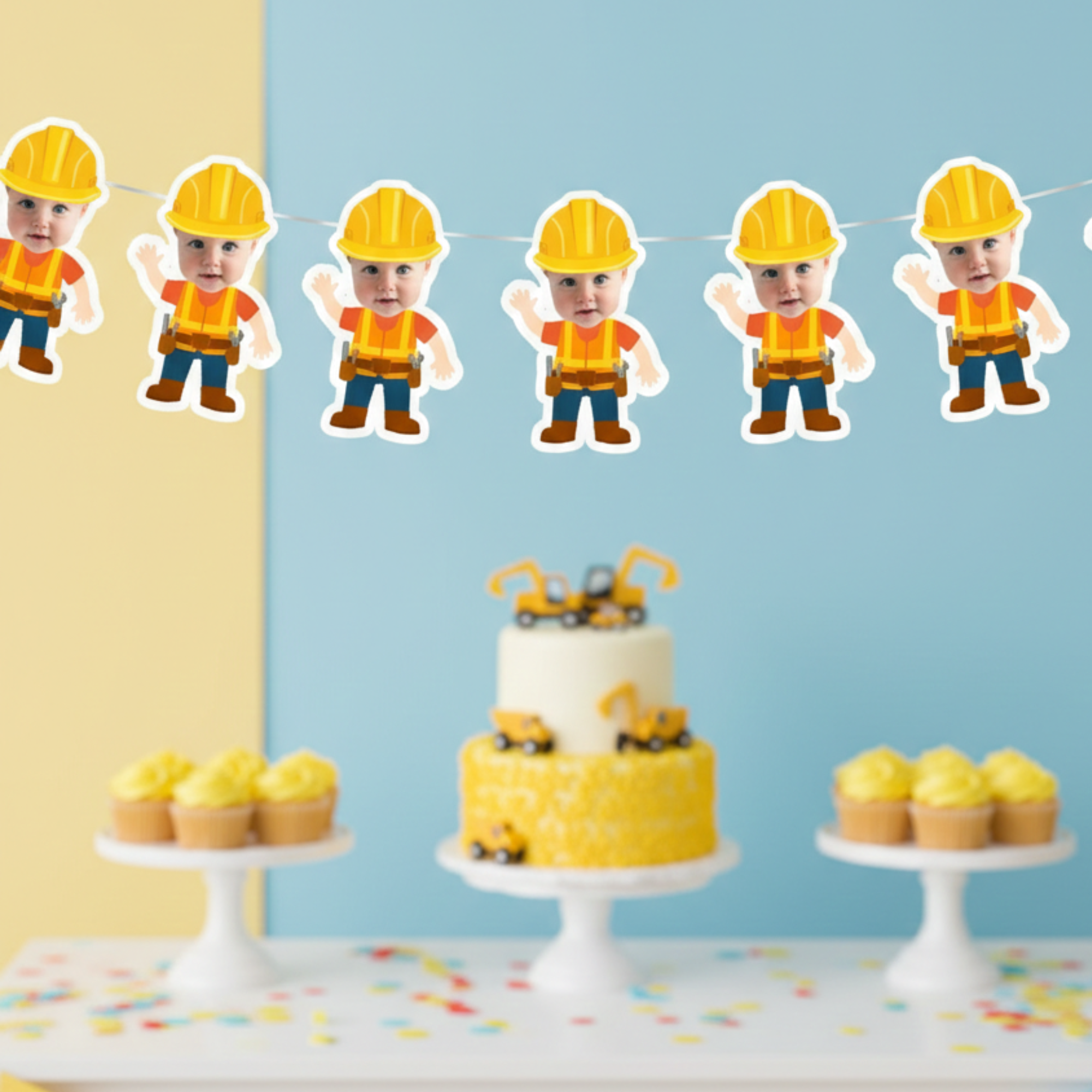 Construction-themed birthday party with cake, cupcakes, and decorations on a blue and yellow background.