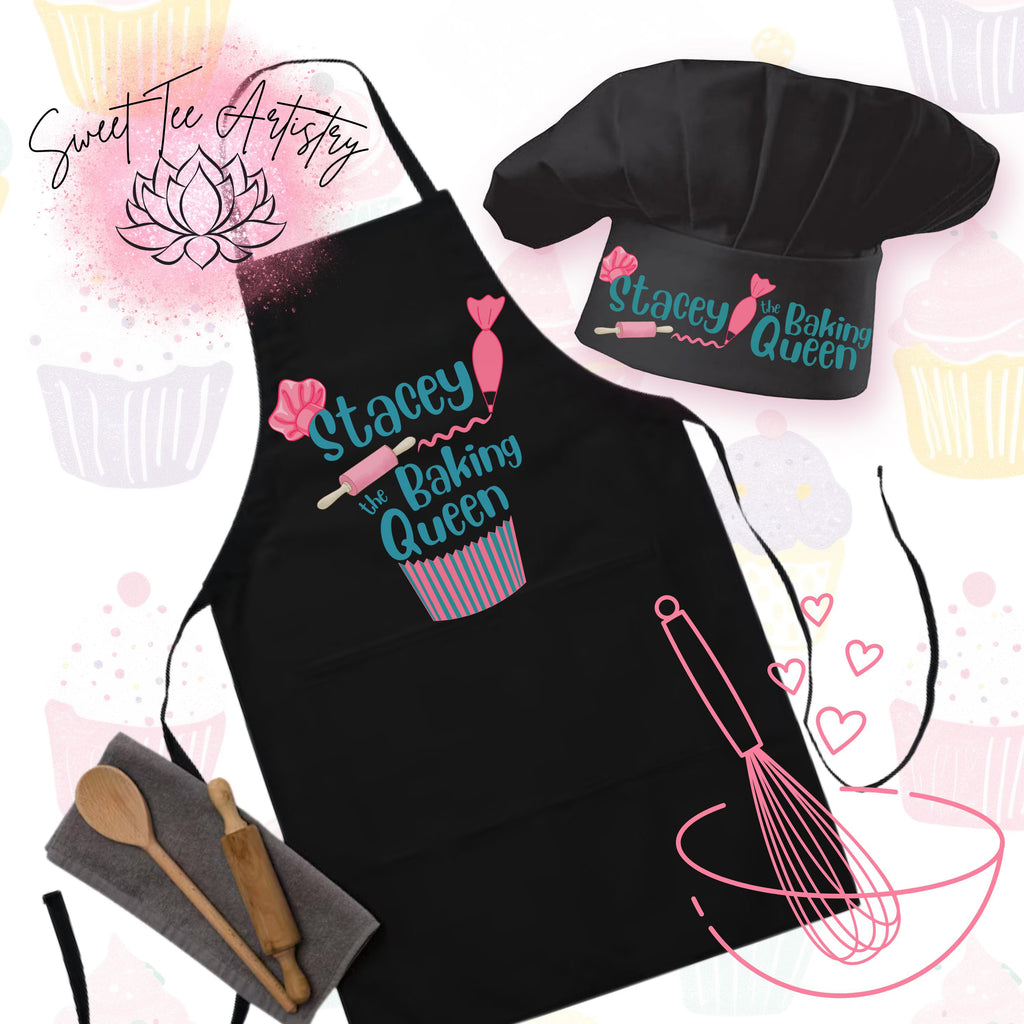 Black apron and chef's hat with 'Stacey, The Baking Queen' text on a decorative background.