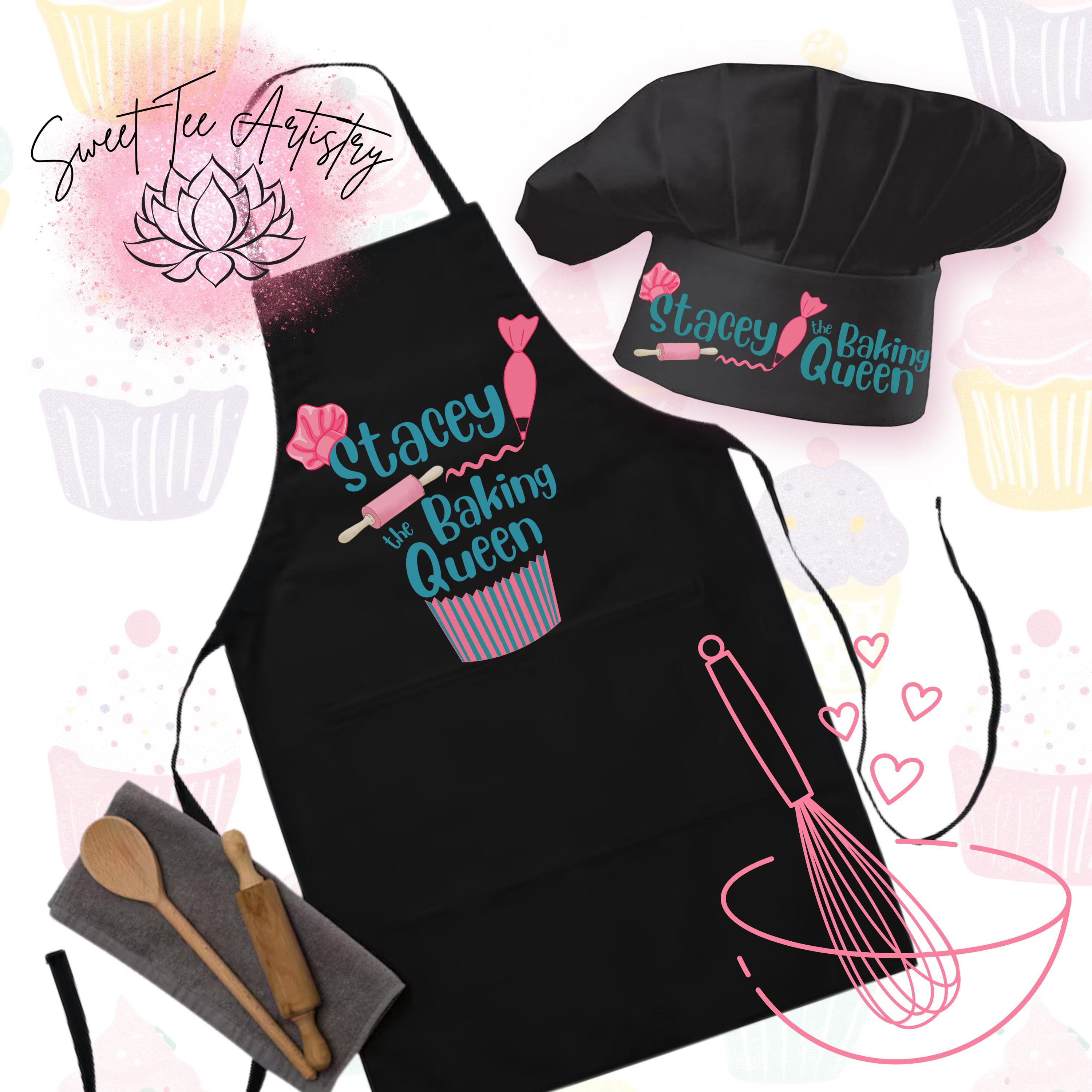 Black apron and chef's hat with 'Stacey, The Baking Queen' text on a decorative background.