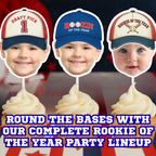 Baseball first birthday party decorations featuring Rookie of the Year themed photo cupcake toppers and sports dessert table decor, perfect for All Star celebrations, little slugger parties, and MVP milestone birthdays.