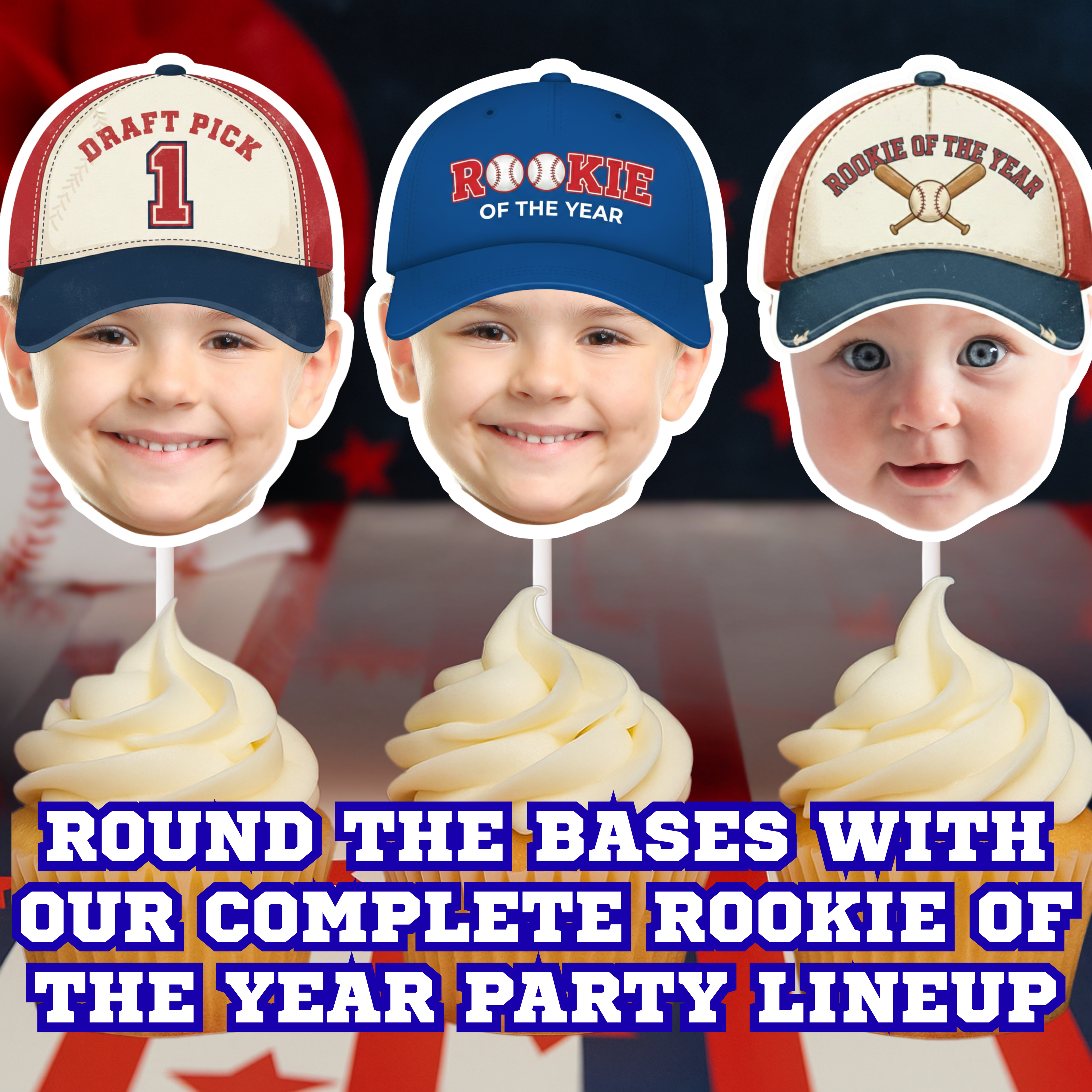 Baseball first birthday party decorations featuring Rookie of the Year themed photo cupcake toppers and sports dessert table decor, perfect for All Star celebrations, little slugger parties, and MVP milestone birthdays.