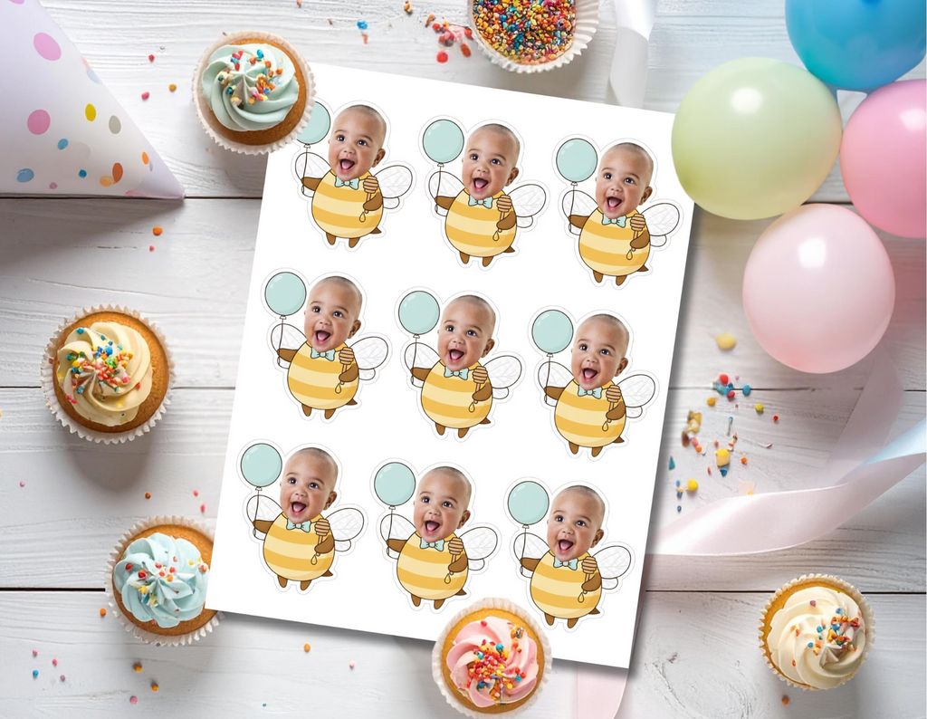 Personalized bee photo cupcake toppers with child faces, striped bee bodies, wings, and blue or pink balloons for What Will It Bee gender reveal and Mommy to Bee baby shower decor