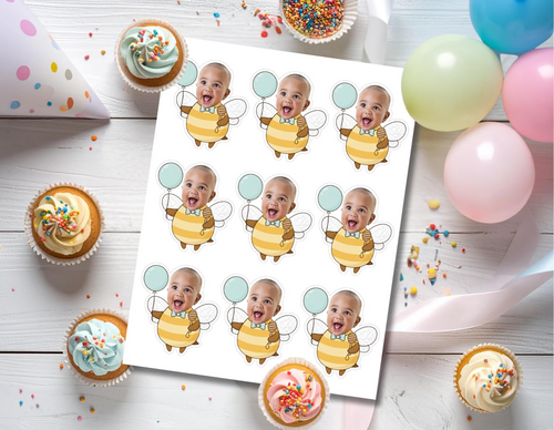 Personalized bee photo cupcake toppers with child faces, striped bee bodies, wings, and blue or pink balloons for What Will It Bee gender reveal and Mommy to Bee baby shower decor