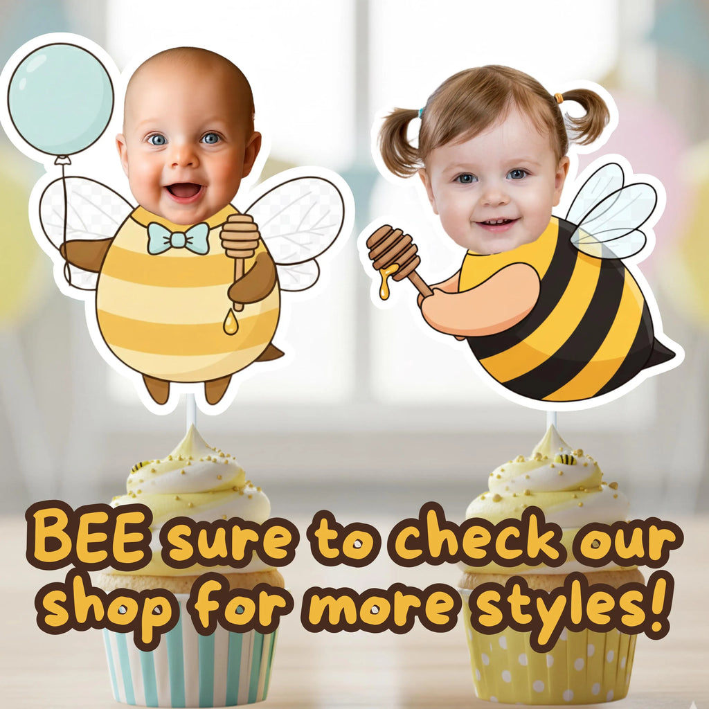 Two children's cupcake toppers shaped like bees with text encouraging viewers to check a shop for more styles.
