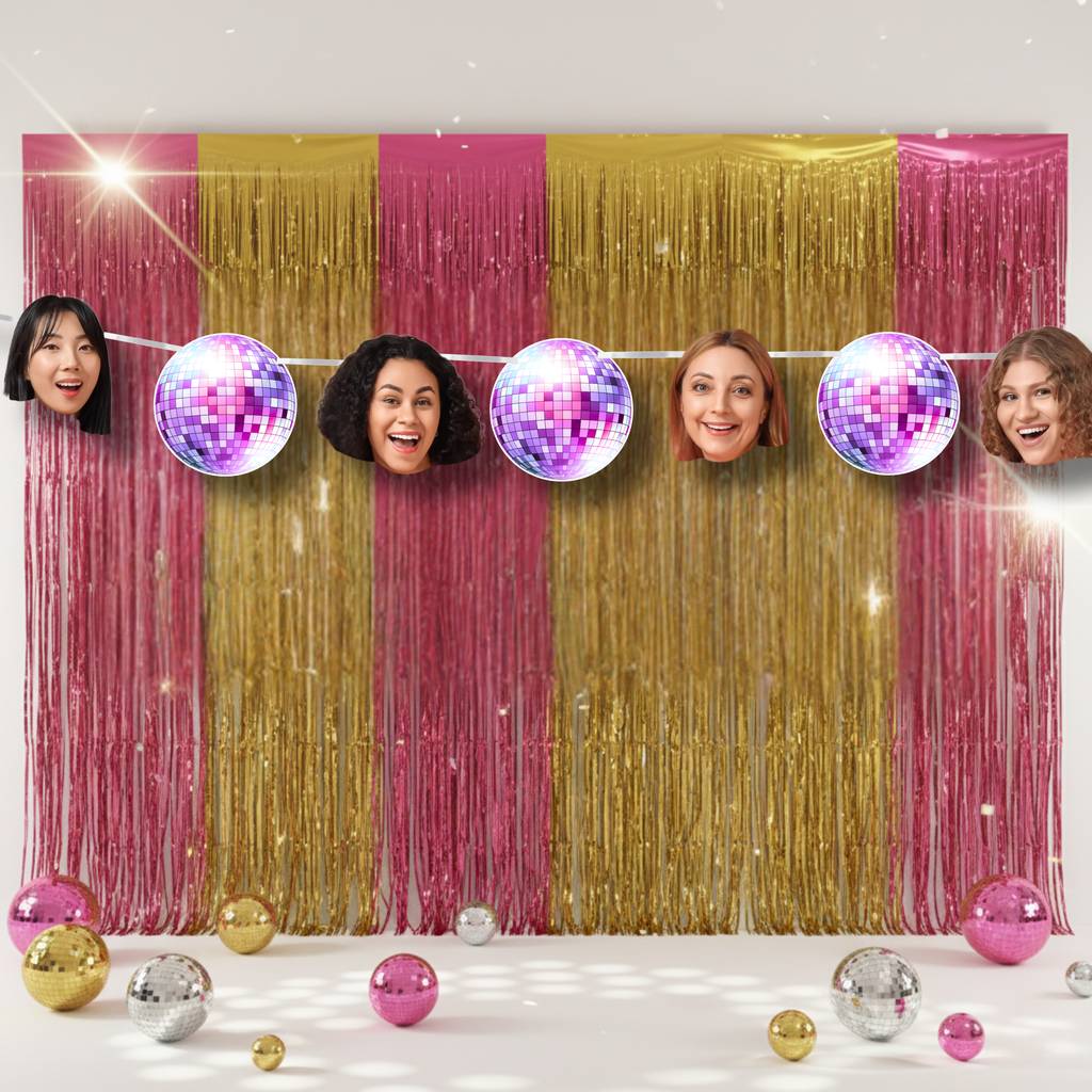 Colorful fringe curtain with disco balls and people's faces peeking through