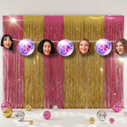 Colorful fringe curtain with disco balls and people's faces peeking through