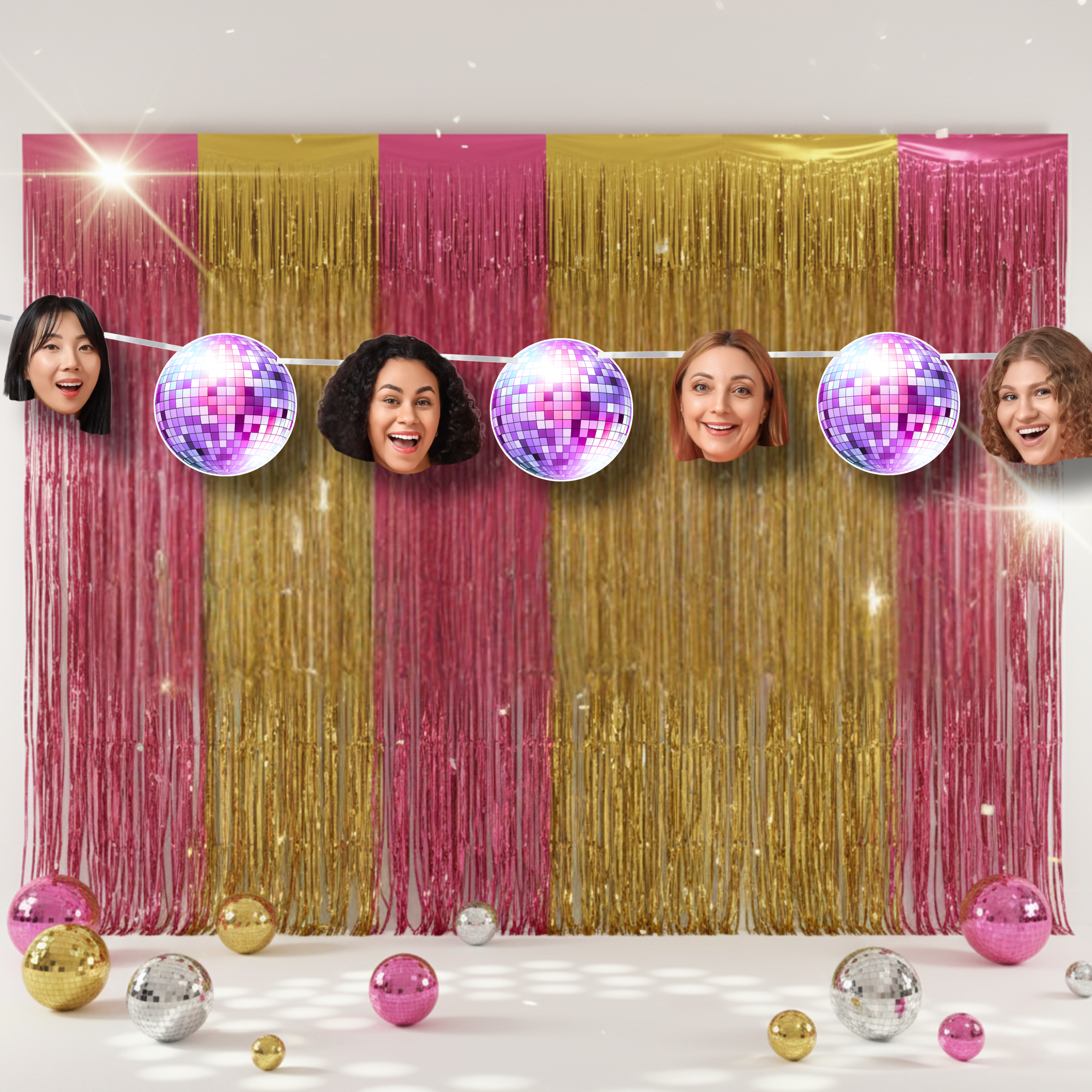 Colorful fringe curtain with disco balls and people's faces peeking through