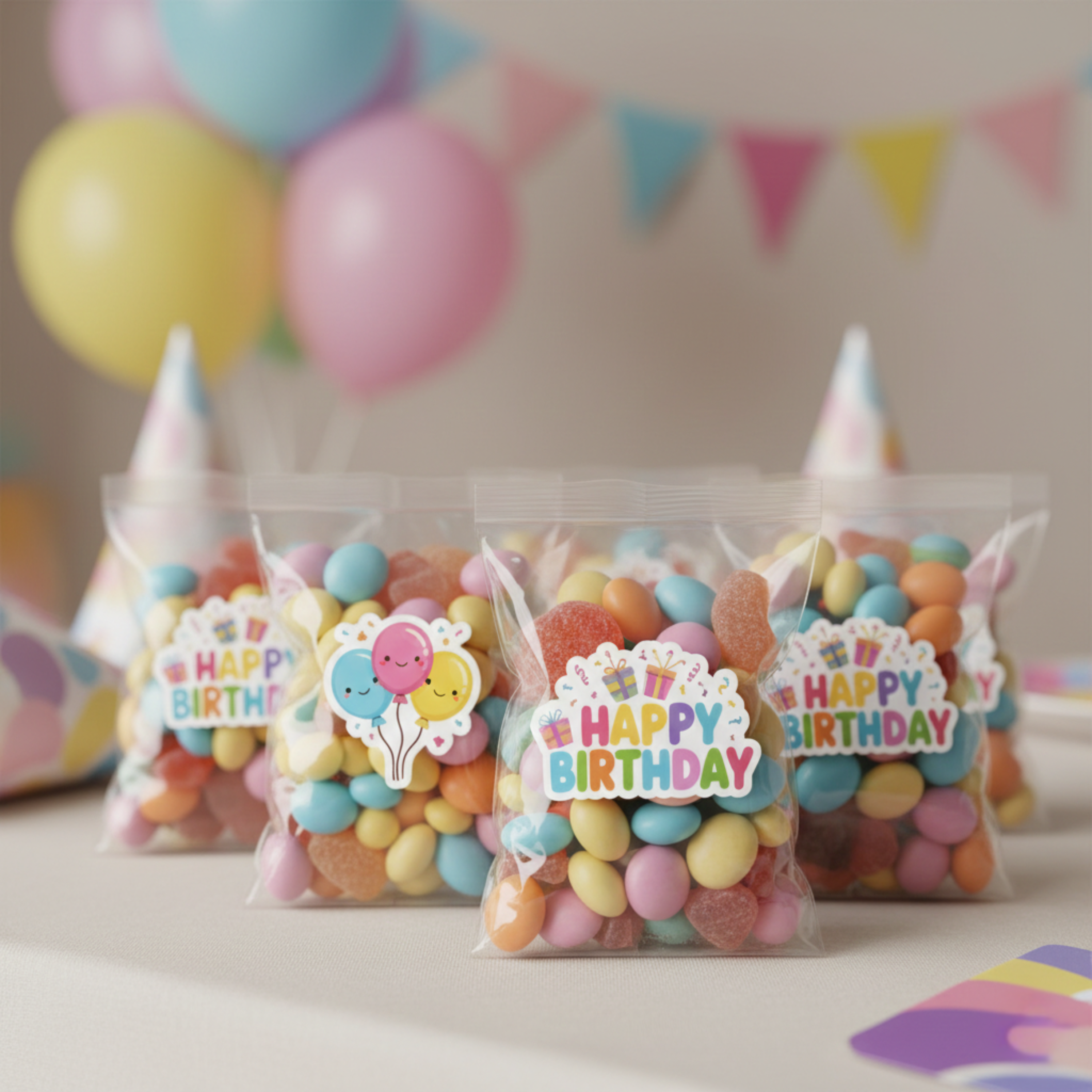 Colorful birthday party candy bags filled with pastel candies and decorated with bright “Happy Birthday” stickers featuring balloons and gift icons. These custom birthday treat bag stickers are perfect for kids birthday party favors, candy bags, goody bags, and coordinated birthday table decor.