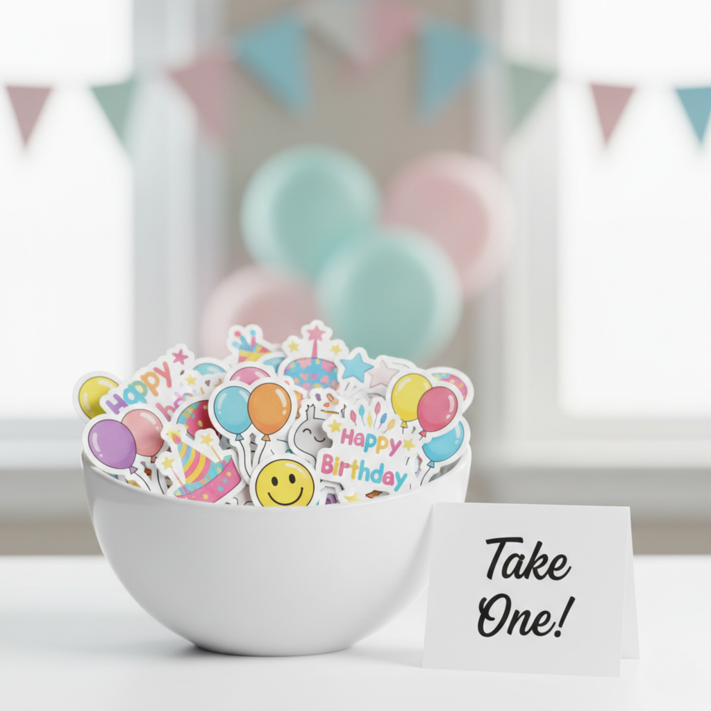 Colorful birthday die cut stickers displayed in a white bowl labeled “Take One” on a decorated party table with pastel balloons and bunting in the background. This image showcases glossy custom birthday stickers as party favors, sticker station table decor, and grab bag additions for kids birthday parties, classroom celebrations, and themed events.