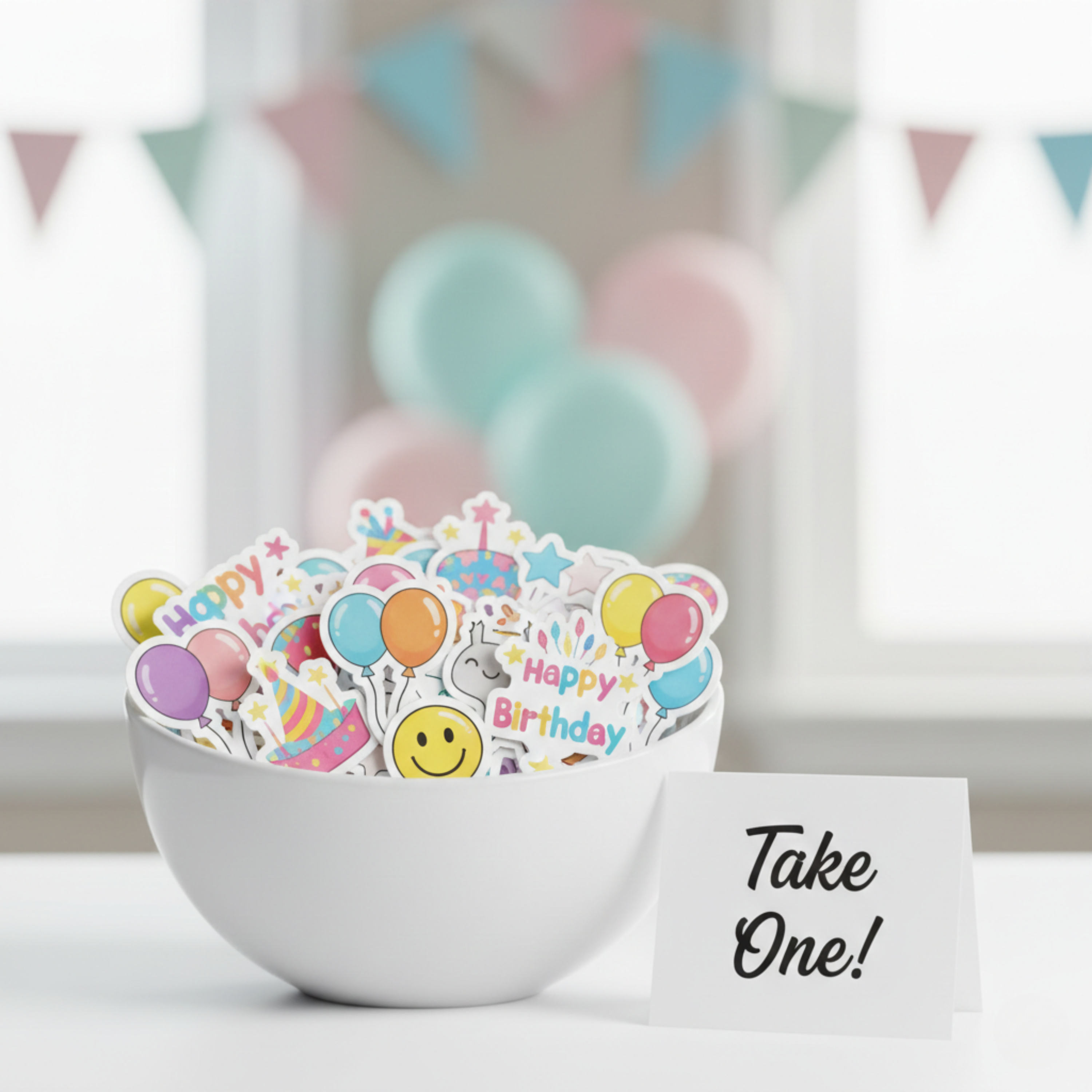 Colorful birthday die cut stickers displayed in a white bowl labeled “Take One” on a decorated party table with pastel balloons and bunting in the background. This image showcases glossy custom birthday stickers as party favors, sticker station table decor, and grab bag additions for kids birthday parties, classroom celebrations, and themed events.