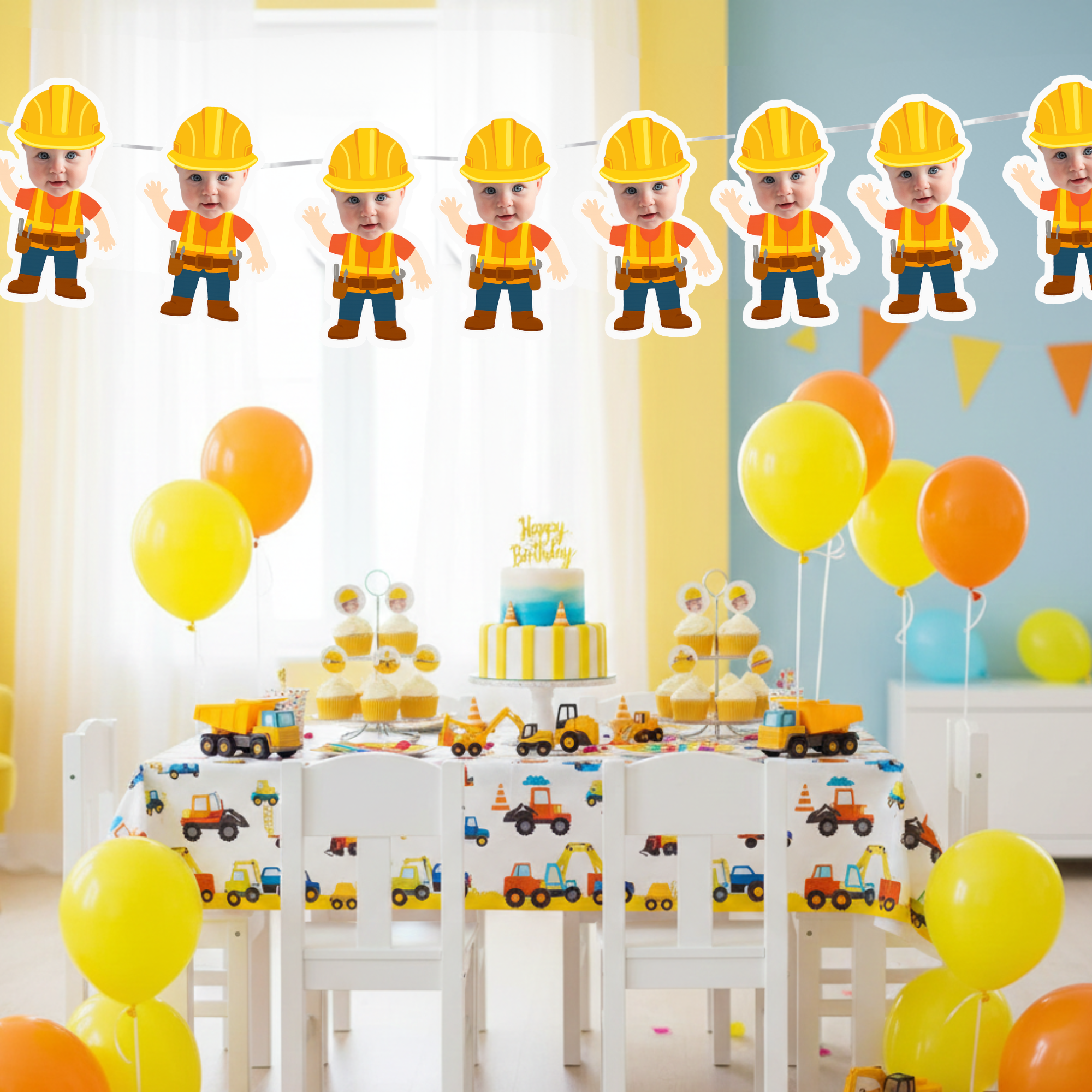 Children's birthday party setup with construction-themed decorations, balloons, and cake.
