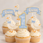 Blue gingham One Silly Goose first birthday cupcake toppers personalized with Rowan, featuring goose, number one and name banner designs.