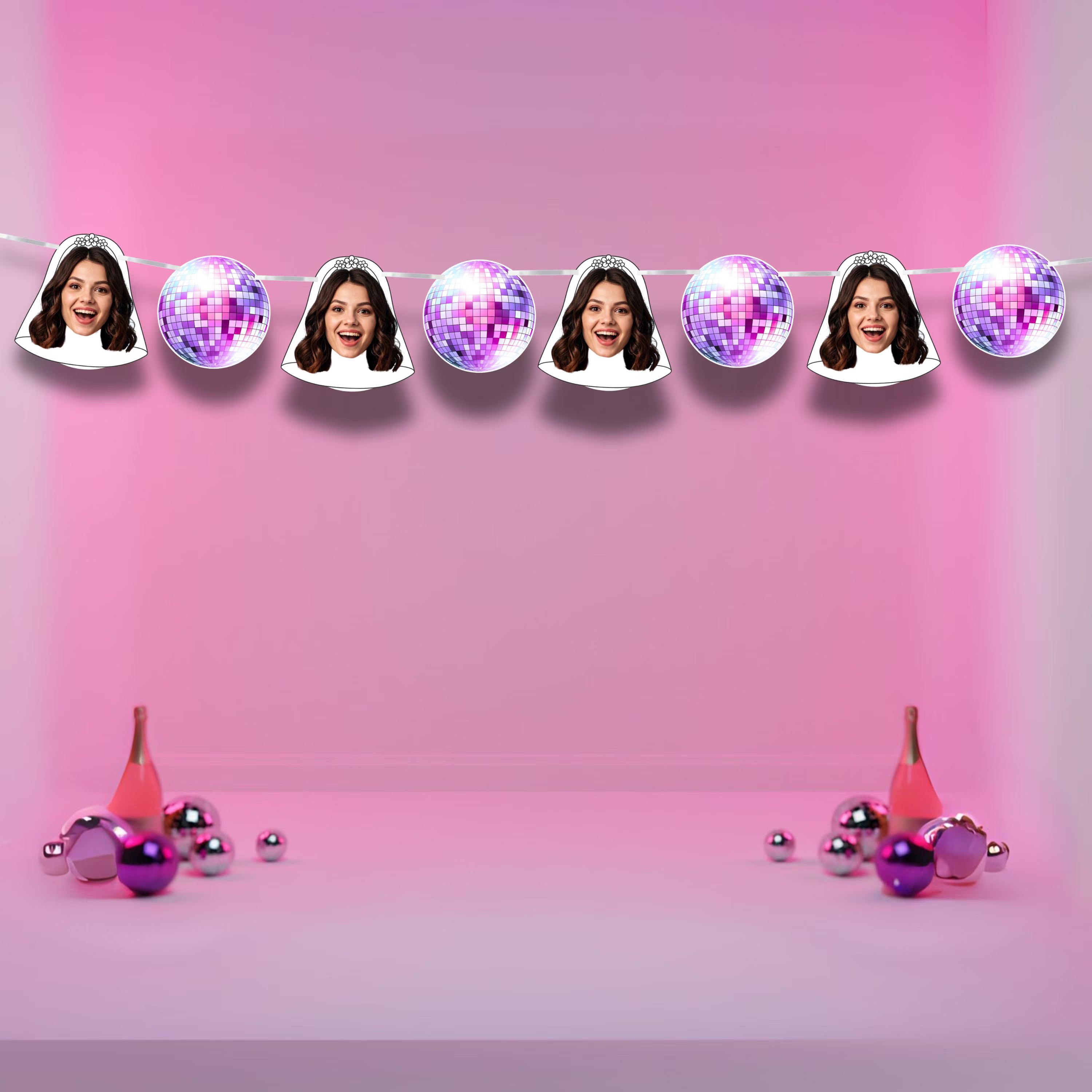Decorative banner with smiling faces and disco balls on a pink background